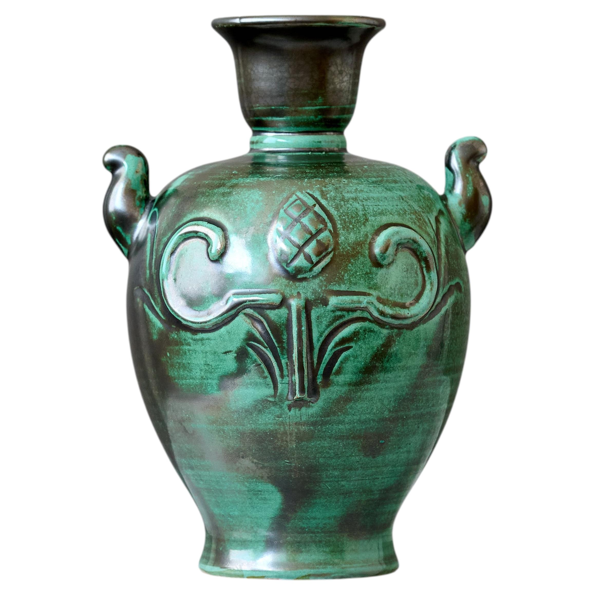 Green Ceramic Art Deco Vase by Anna-Lisa Thomson. Upsala Ekeby, Sweden, 1940s.
