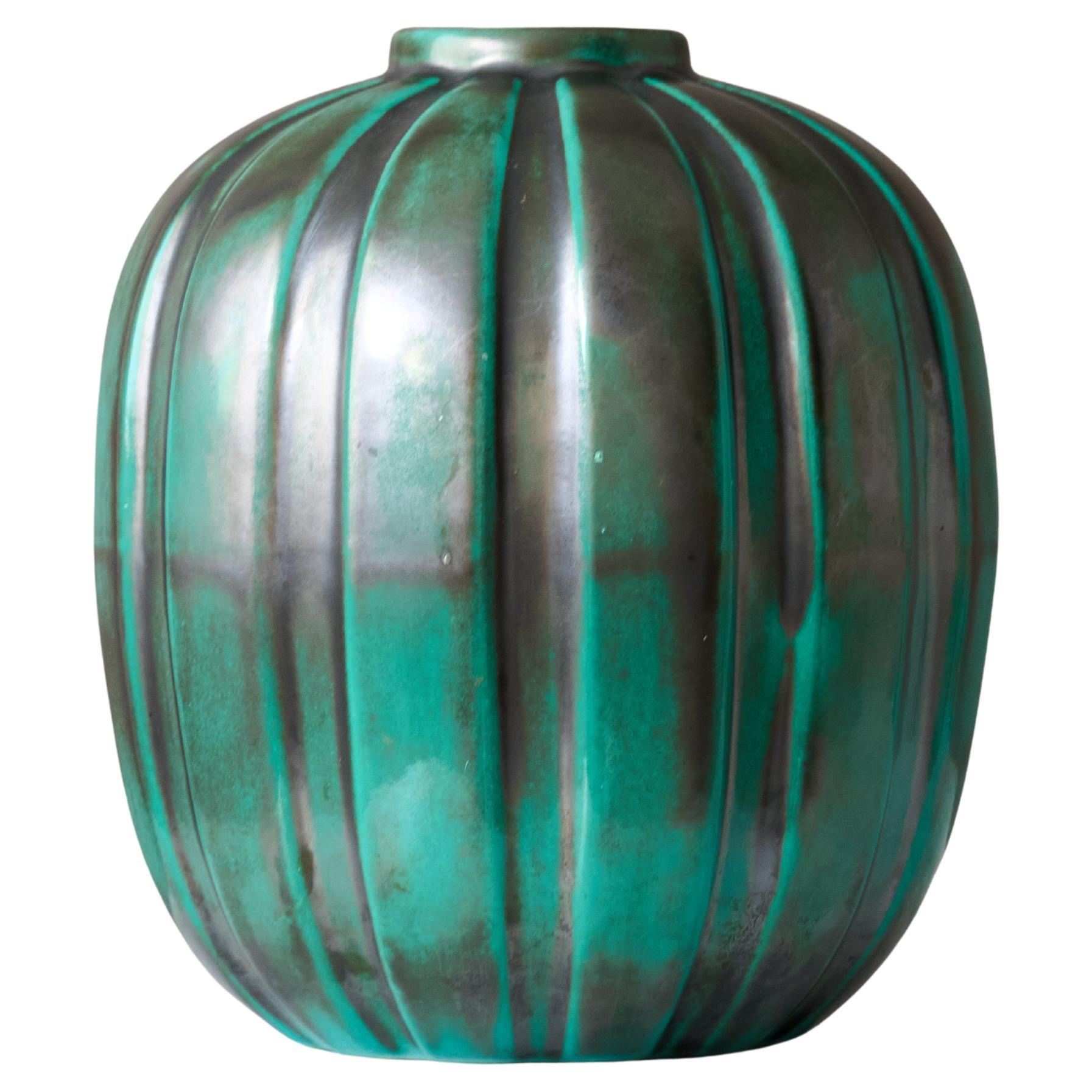 Green Ceramic Art Deco Vase by Einar Luterkort for Upsala Ekeby, Sweden, 1930s.