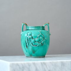 Vaso Art Deco in ceramica verde di Einar Luterkort per Upsala Ekeby, Svezia, 1940.