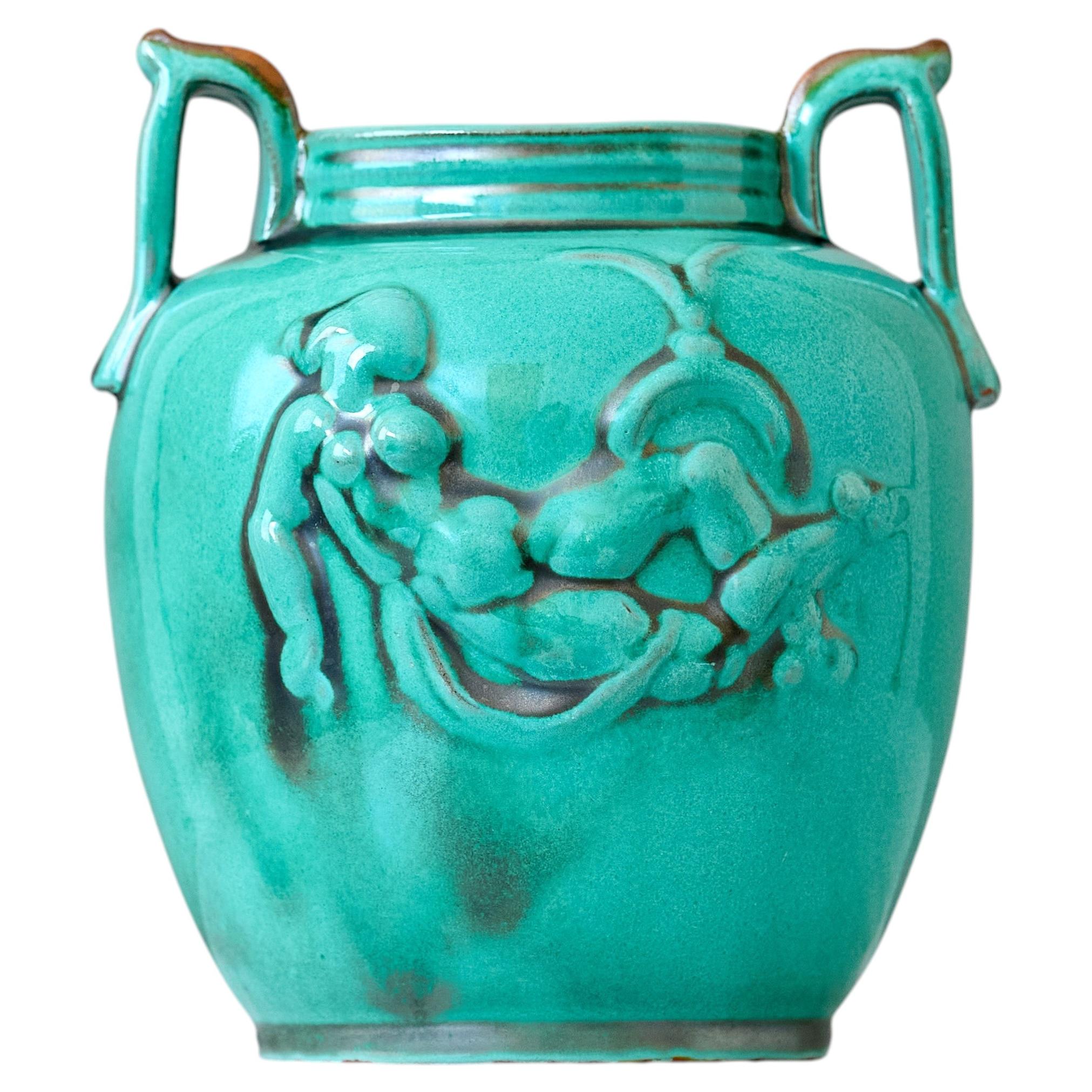 Green Ceramic Art Deco Vase by Einar Luterkort for Upsala Ekeby, Sweden, 1940s. For Sale