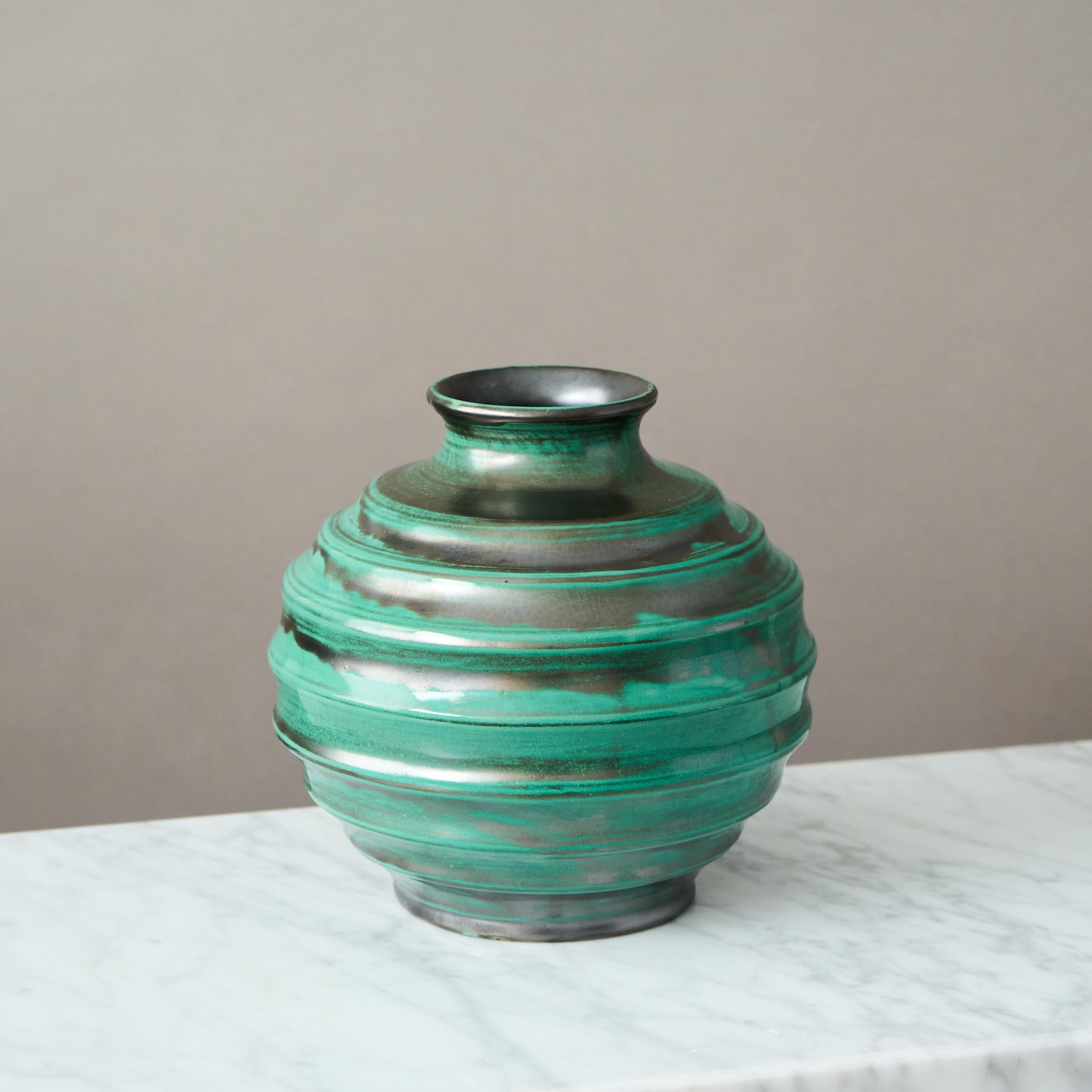 Swedish Green Ceramic Art Deco Vase by Upsala Ekeby, Sweden, 1930s For Sale