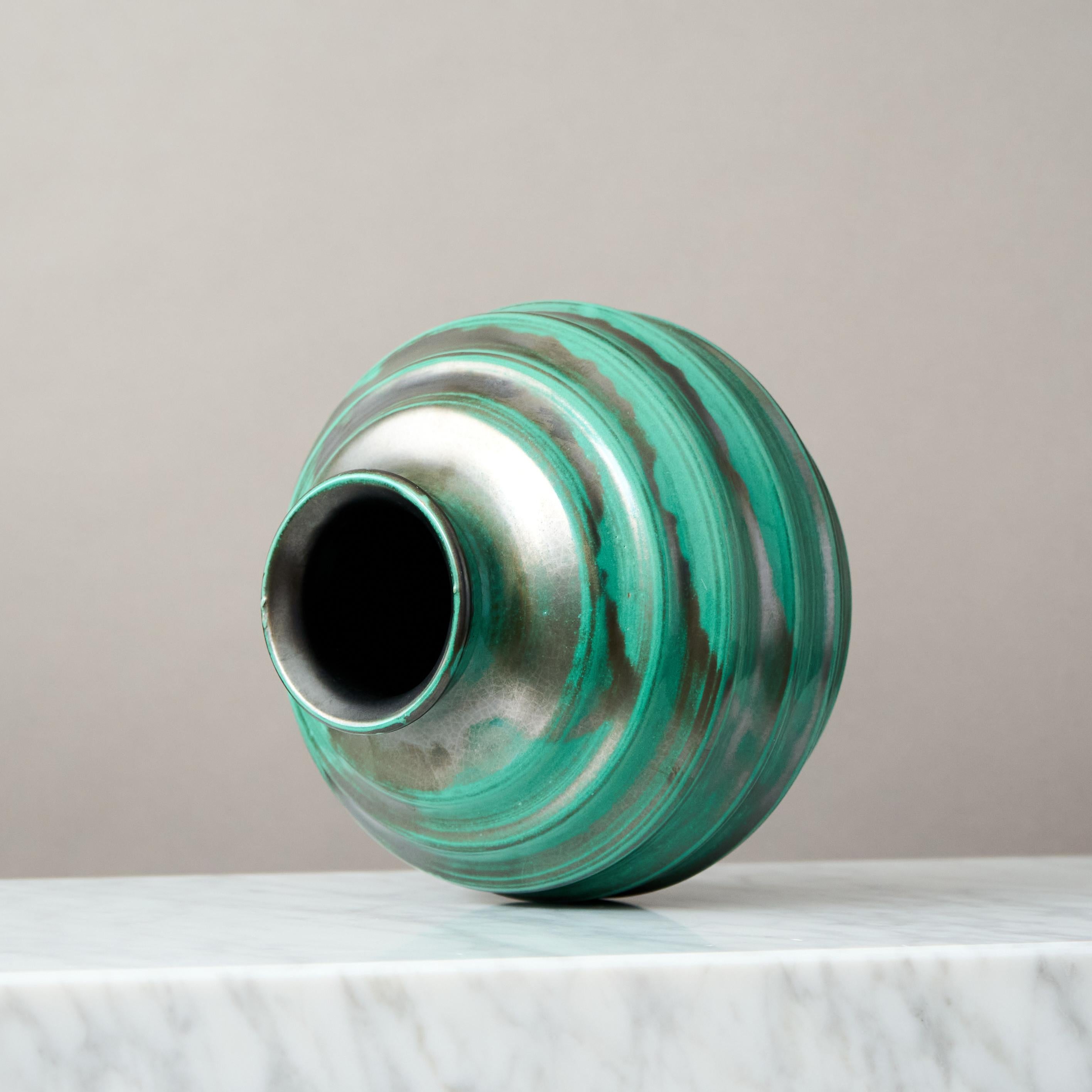 Glazed Green Ceramic Art Deco Vase by Upsala Ekeby, Sweden, 1930s For Sale