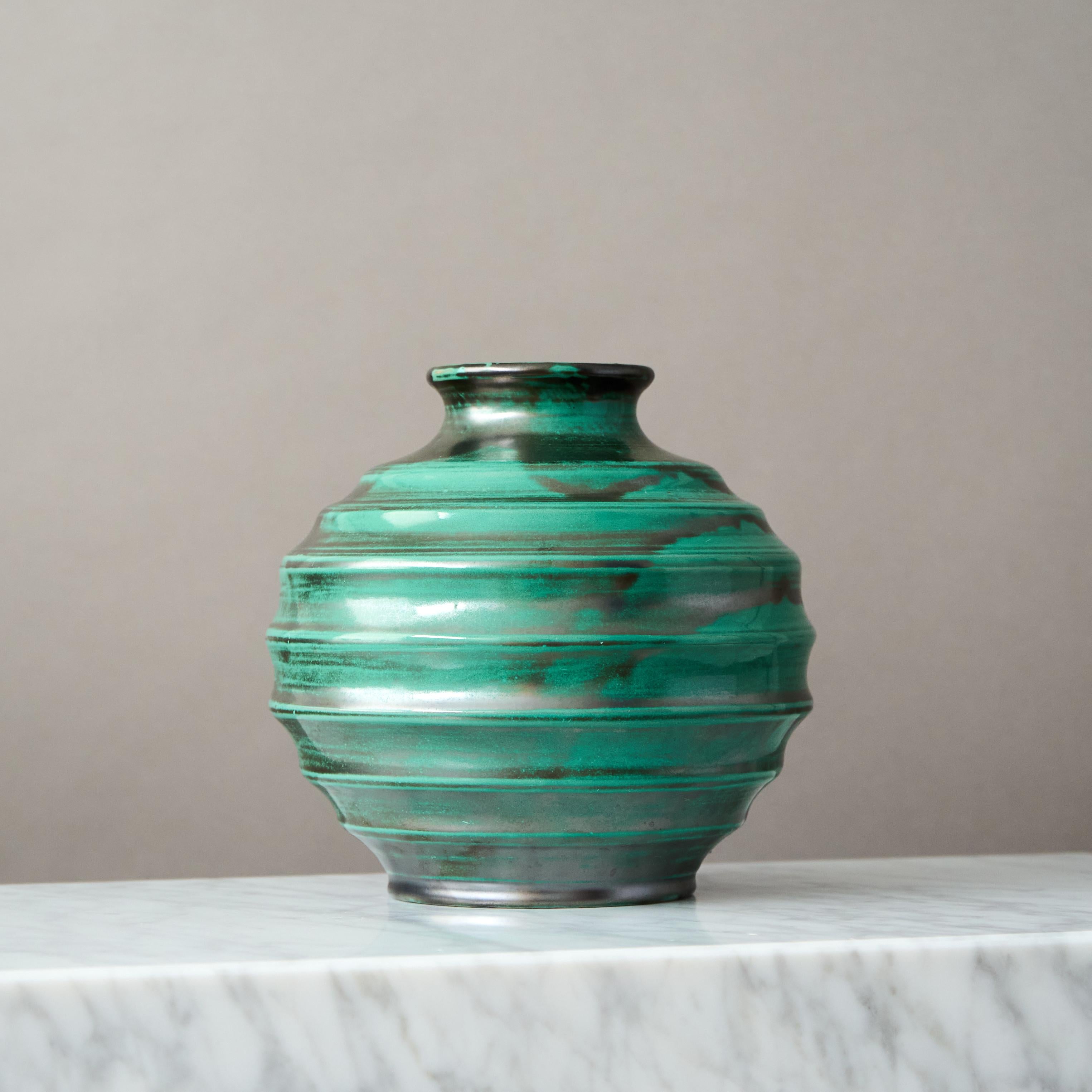 20th Century Green Ceramic Art Deco Vase by Upsala Ekeby, Sweden, 1930s For Sale
