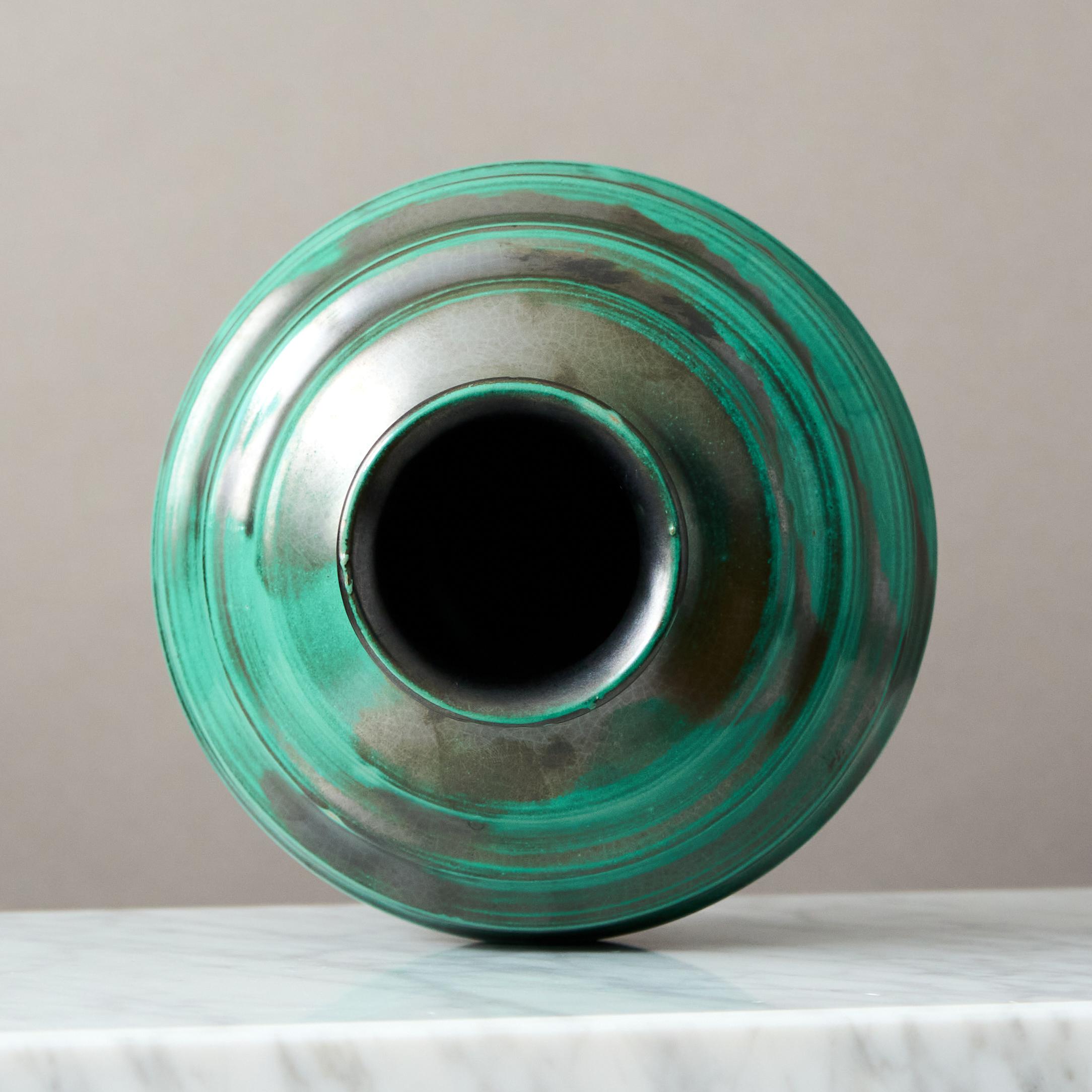 Green Ceramic Art Deco Vase by Upsala Ekeby, Sweden, 1930s For Sale 1