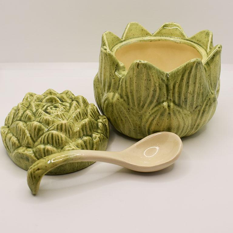 20th Century Green Ceramic Artichoke Sugar Bowl with Spoon