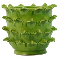 Green ceramic cache pot with leaves decor by Jean Roger circa 1960