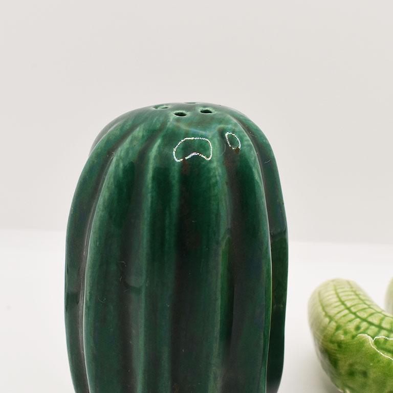 Bohemian Green Ceramic Cactus Motif Salt and Pepper Shakers, a Pair