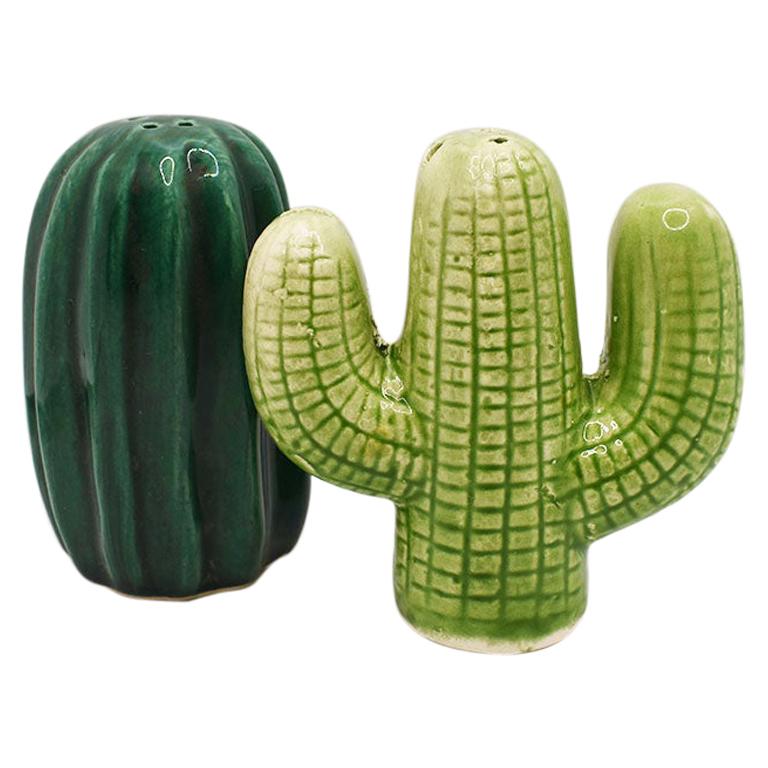 Green Ceramic Cactus Motif Salt and Pepper Shakers, a Pair