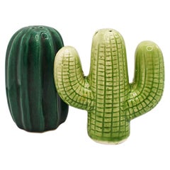 Vintage Green Ceramic Cactus Motif Salt and Pepper Shakers, a Pair