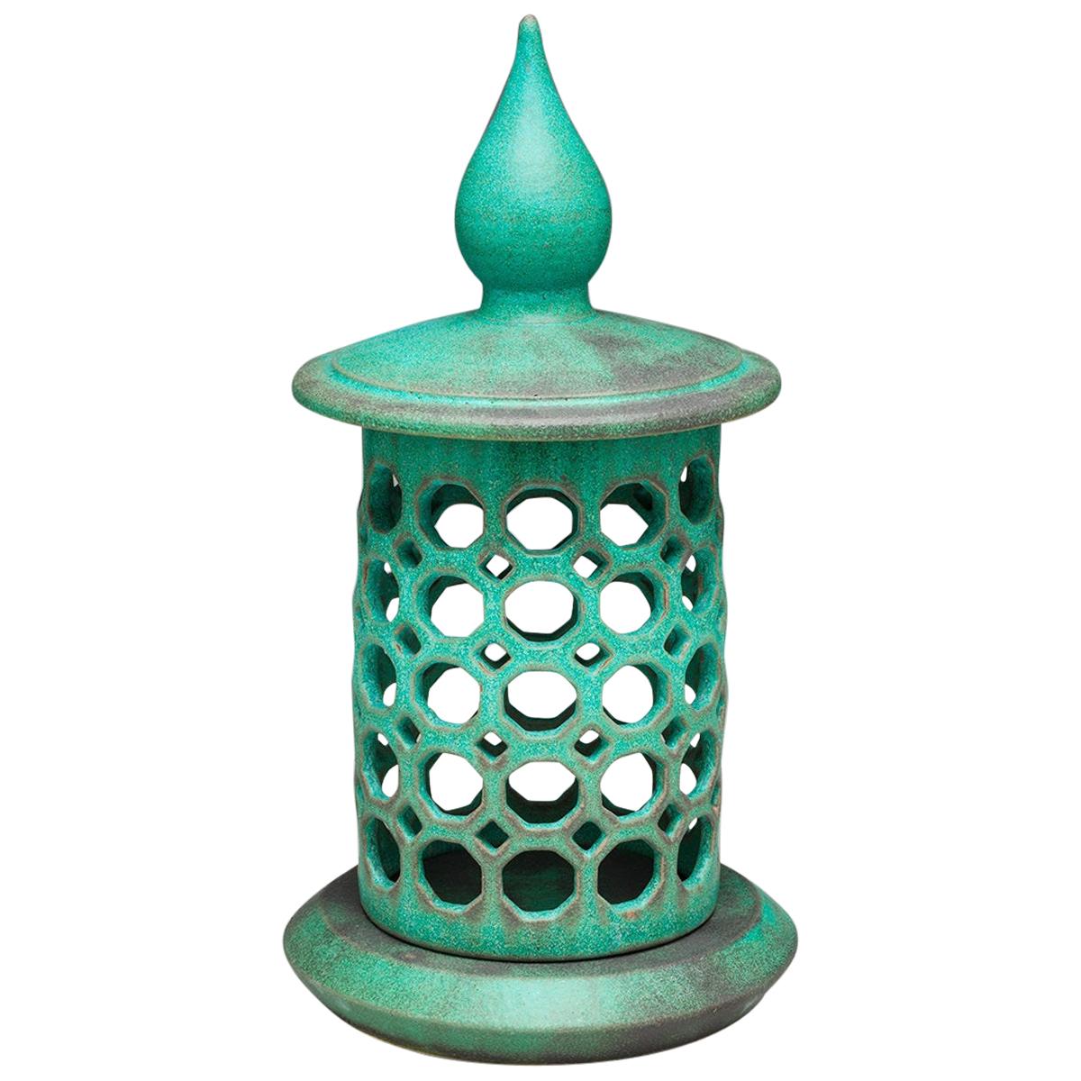 Lanterne à bougie en céramique verte avec glaçure en bronze, en stock