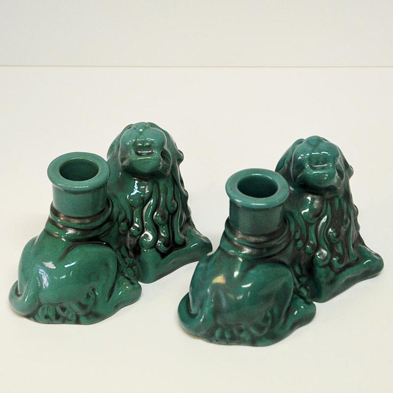 Early 20th Century Green Vintage Ceramic Candlelight Lions St. Eriks, Uppsala 1920s Sweden For Sale