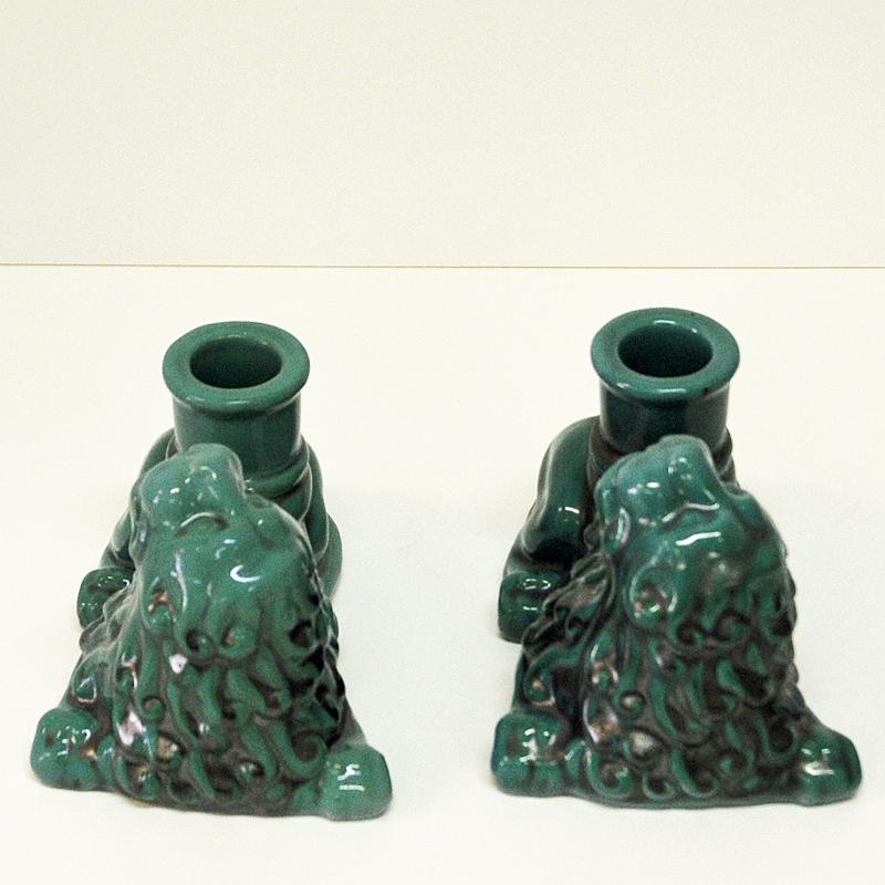 Early 20th Century Green Vintage Ceramic Candlelight Lions St. Eriks, Uppsala 1920s Sweden