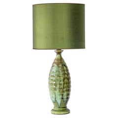 Green Ceramic Curved Lamp, Custom Made Green Brown Lampshade by R. Houben