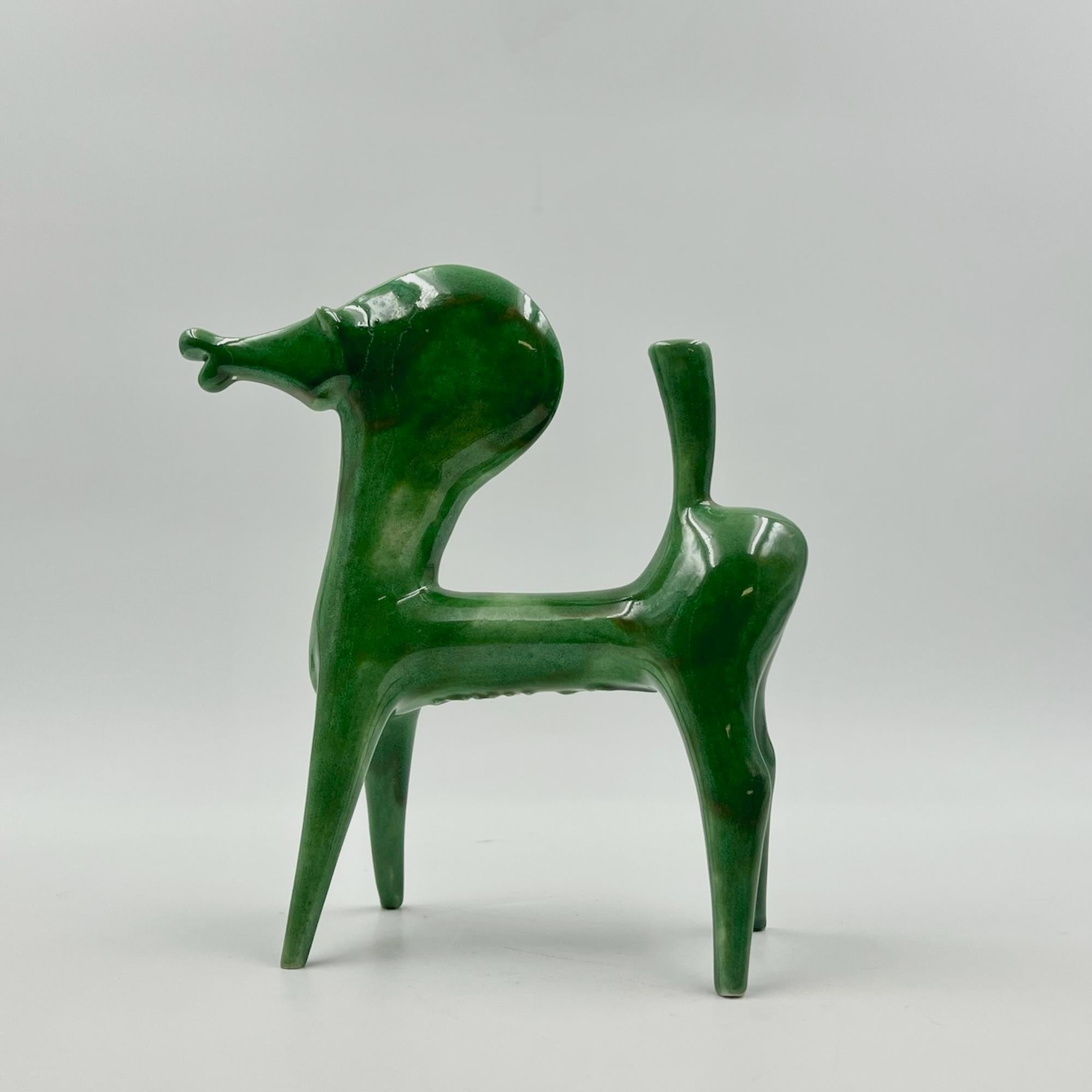 Italian Green Ceramic Horse Figurine - 1970s Handmade Sculpture by Roberto Rigon Italy  For Sale