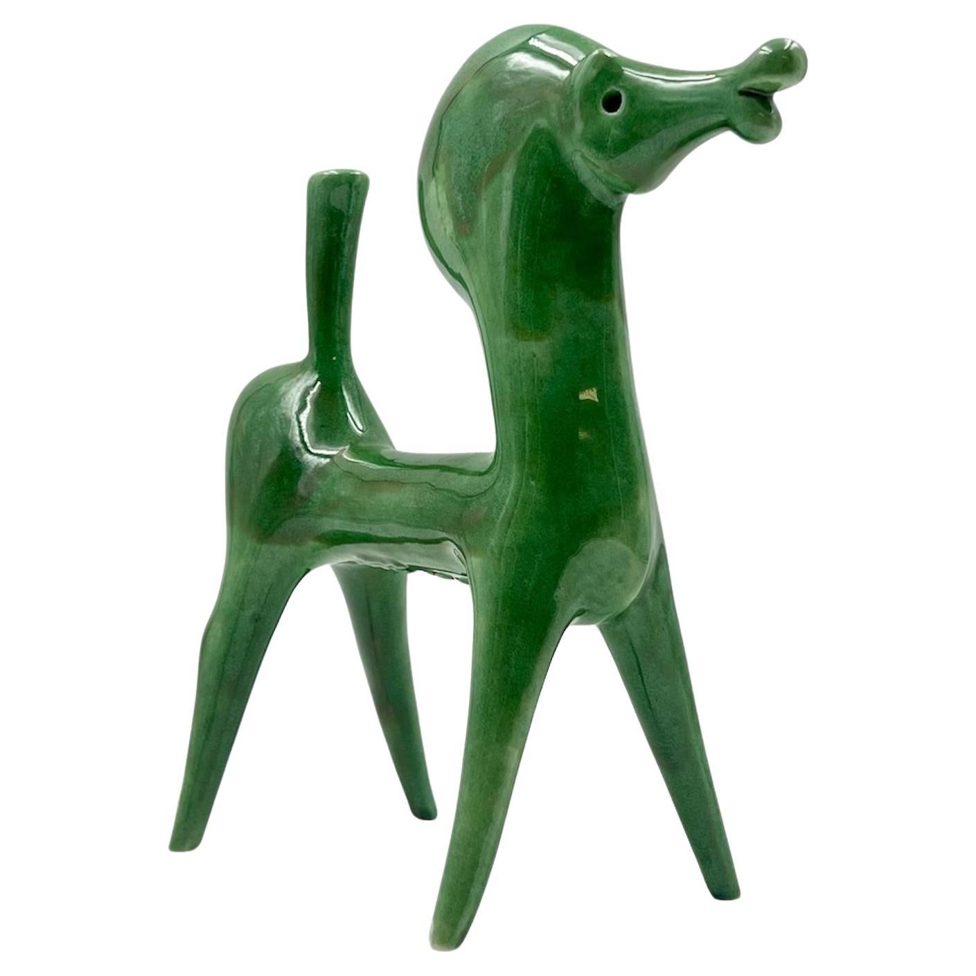 Green Ceramic Horse Figurine - 1970s Handmade Sculpture by Roberto Rigon Italy  For Sale