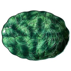 Vintage Green Ceramic Italian Leaf Motif Oval Platter, Ceramiche Leonardo