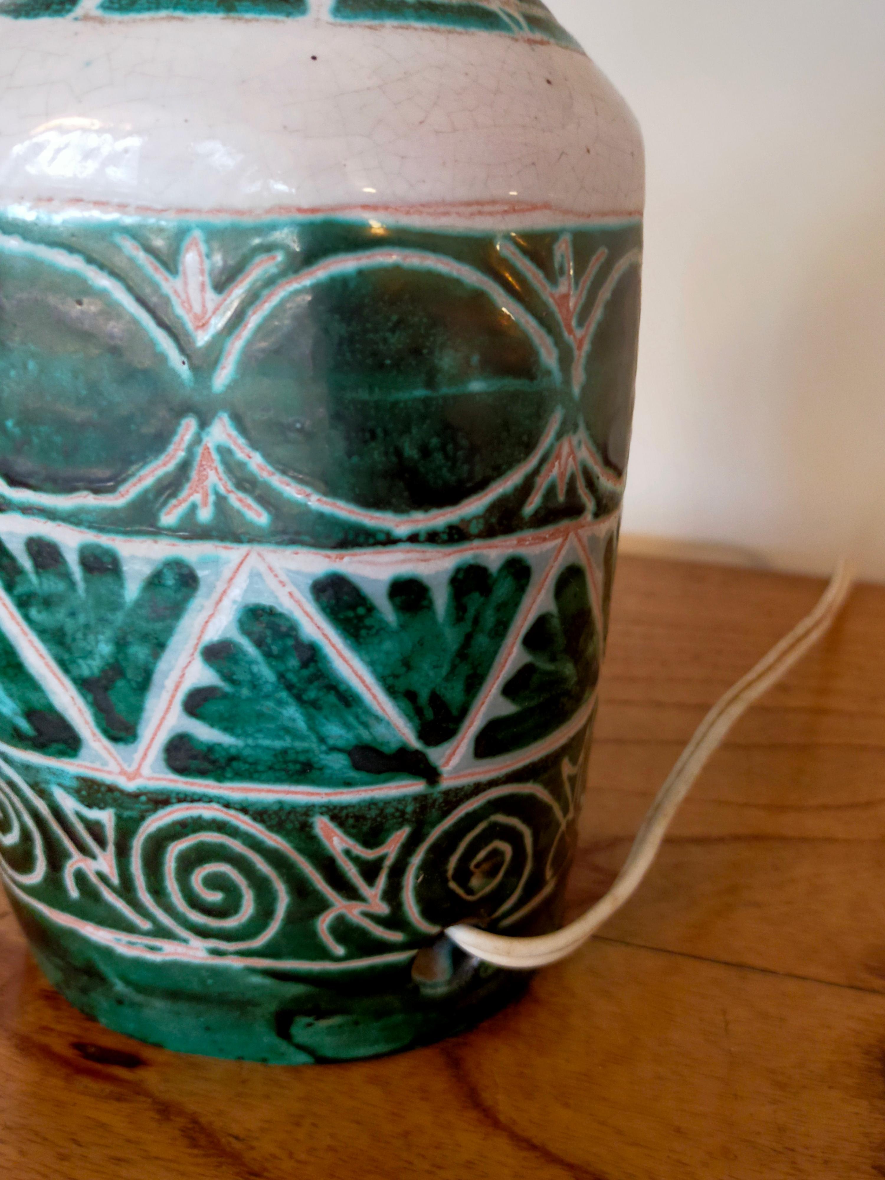 French Green Ceramic Lamp by Allix Vallauris For Sale