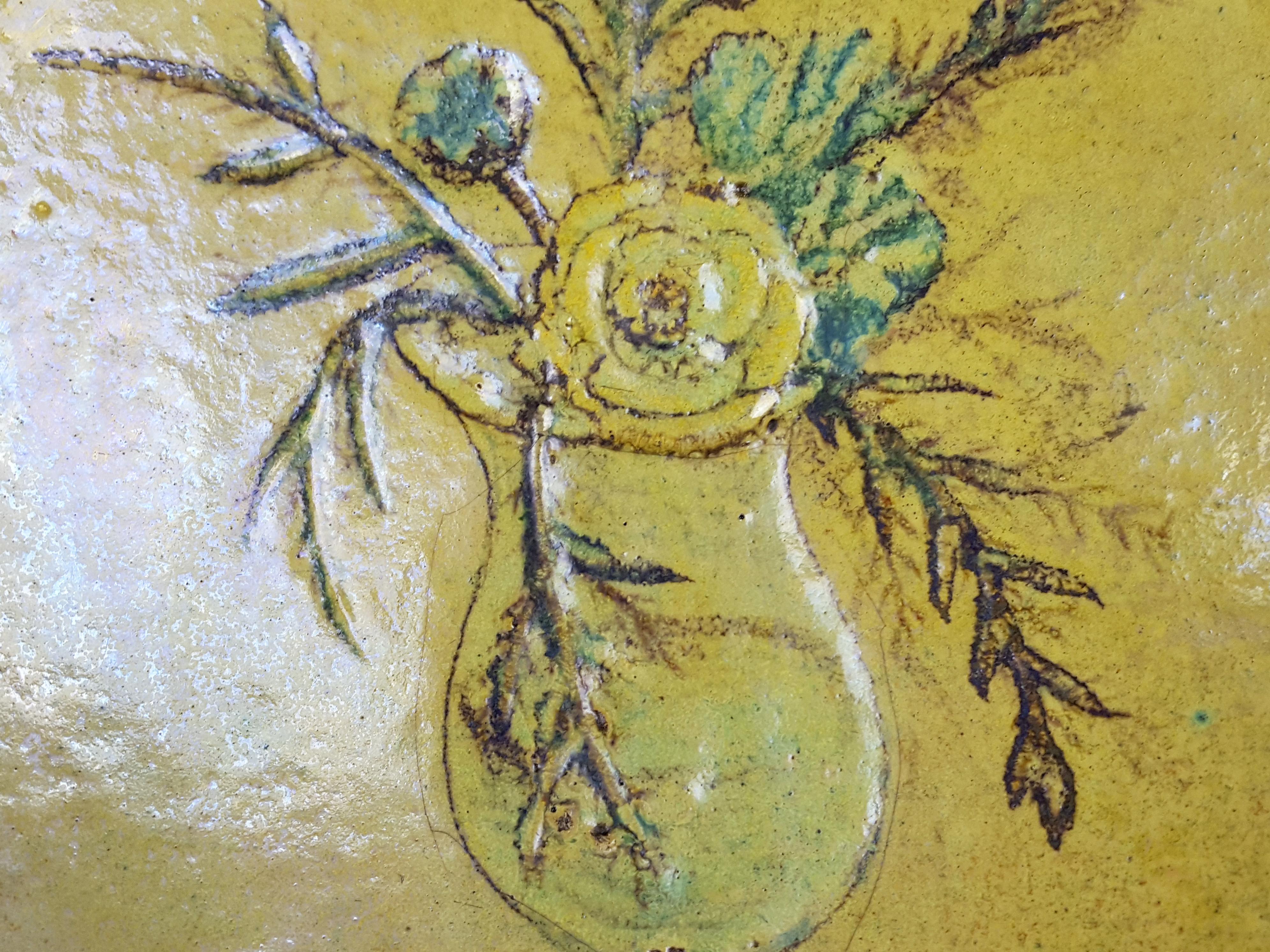 Mid-Century Modern Assiette décorative en céramique verte moderne du milieu du siècle dernier de P. Melandri avec nature morte en vente