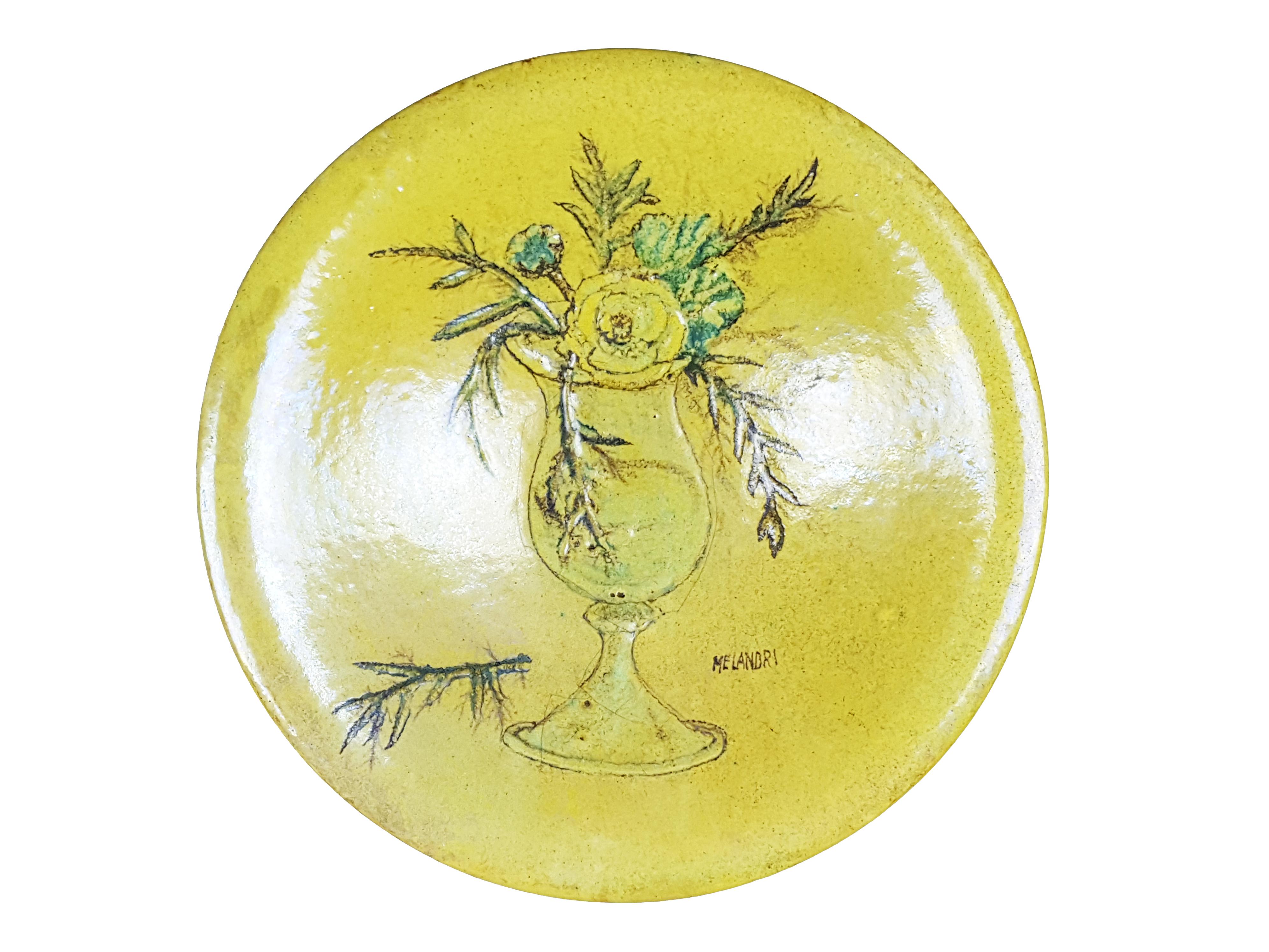 Mid-20th Century Green Ceramic Mid-Century Modern Decorative Plate by P. Melandri with Still Life For Sale