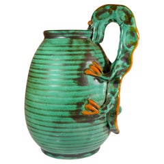 Green Ceramic pitcher with lizard - Art Deco - Upsala Ekeby, Sweden, 1930s