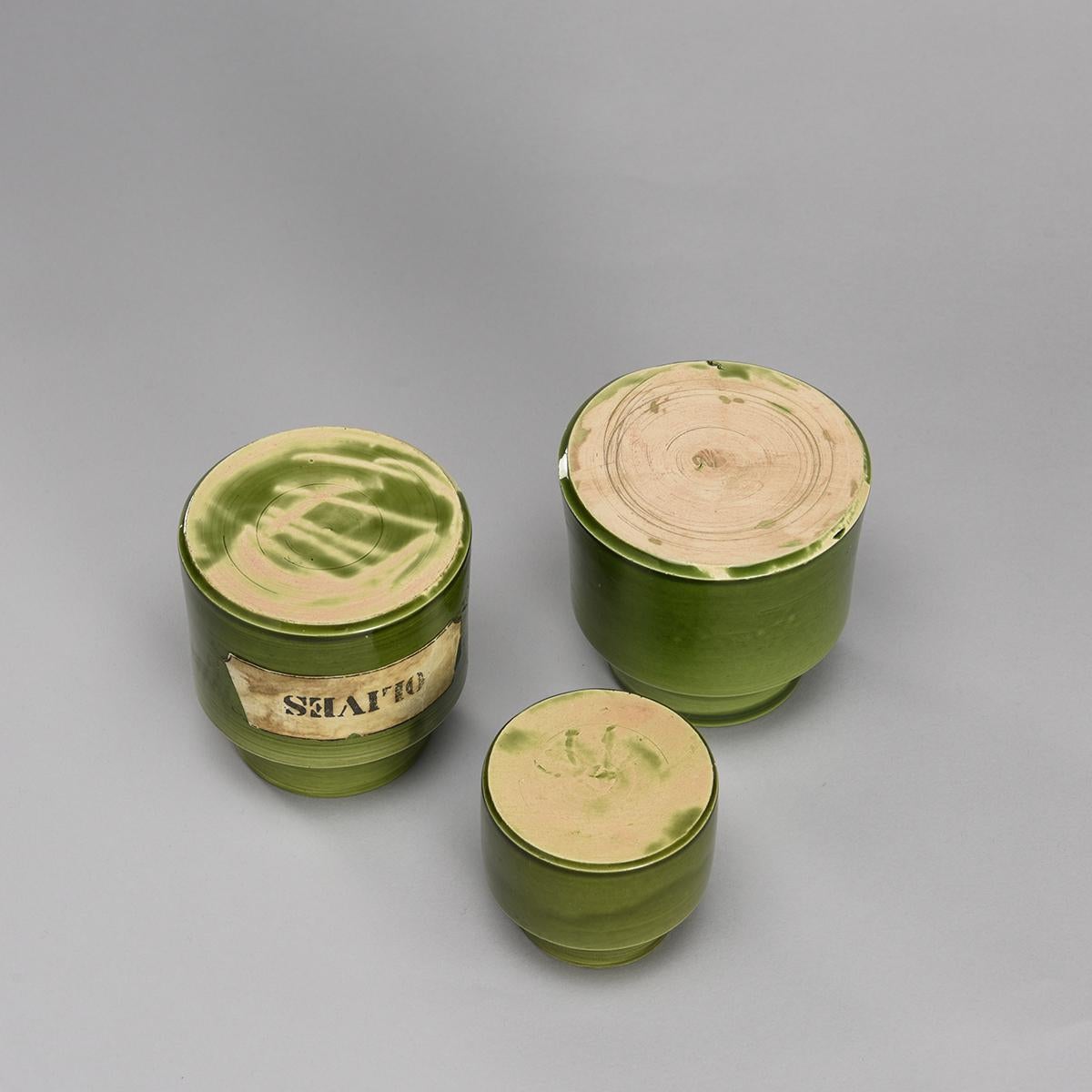 Ceramic Green ceramic pots by Mado Jolain, circa 1960 For Sale