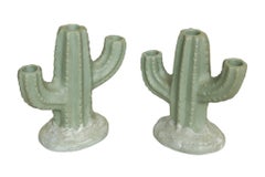 Pareja de portavelas de cerámica verde de cactus saguaro
