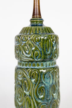 Green Ceramic Swirl Texture Lamp w/ Walnut Neck & Brass Base