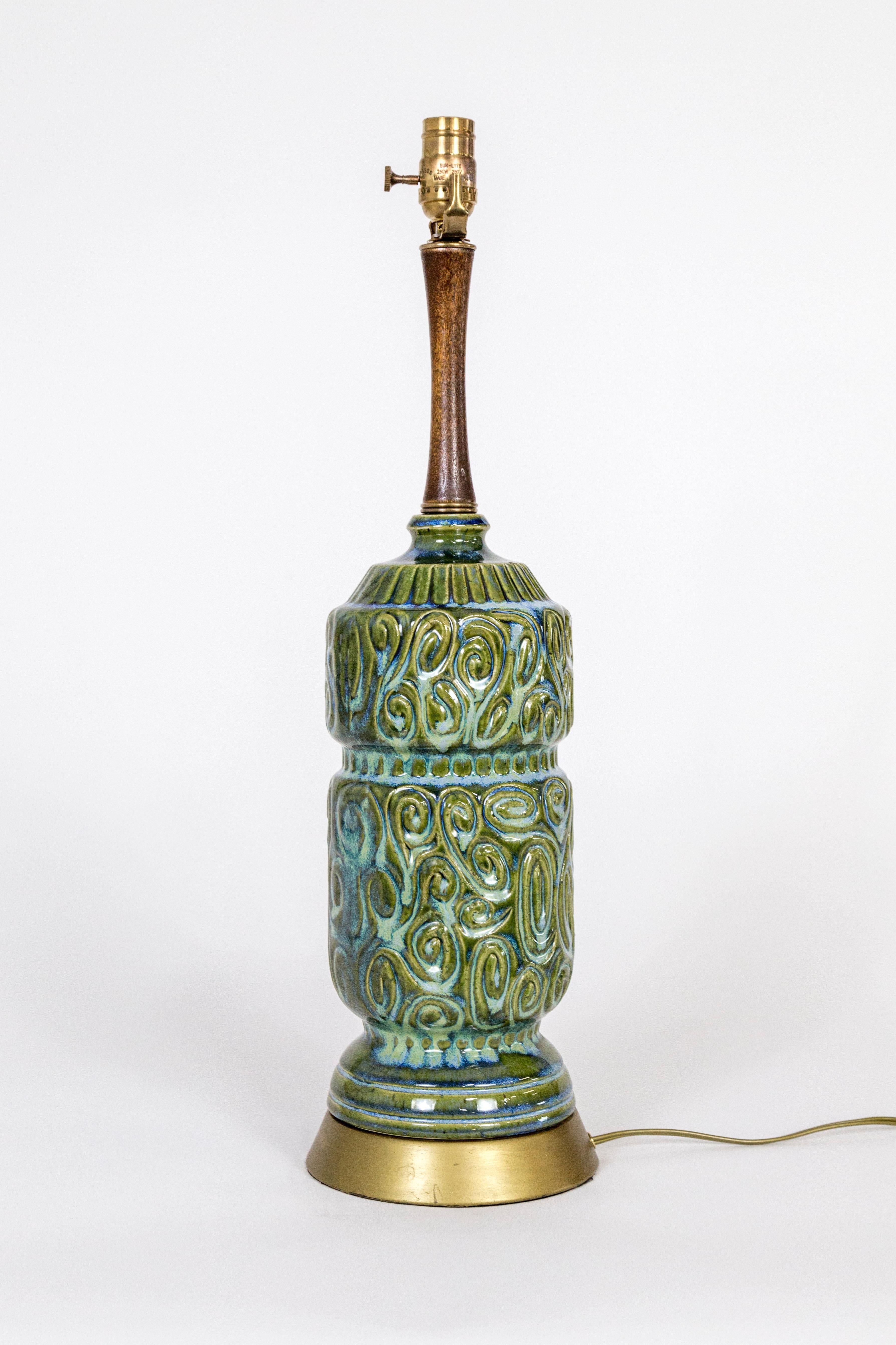 Mid-Century Modern Green Ceramic Swirl Texture Lamp w/ Walnut Neck & Brass Base