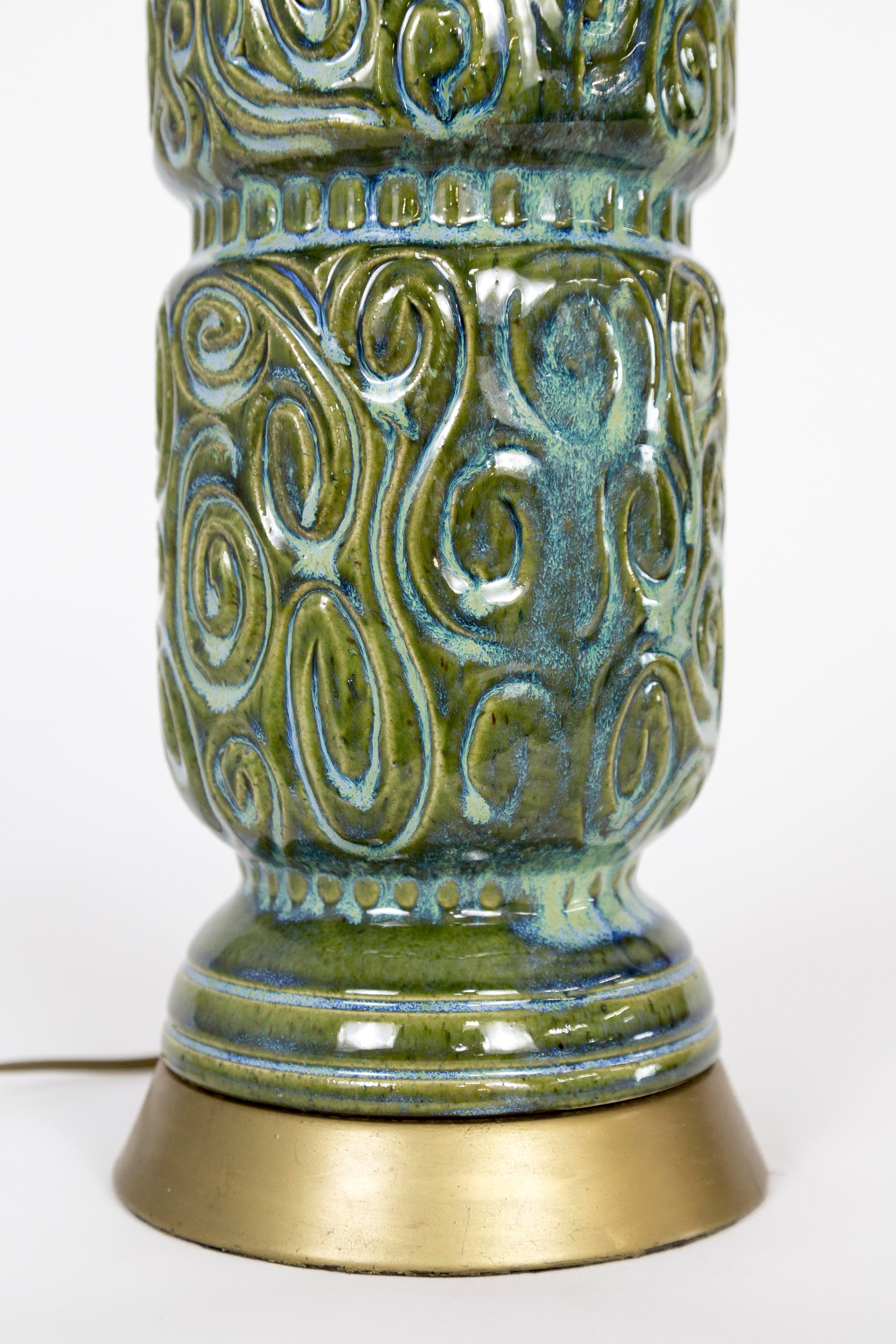 Mid-20th Century Green Ceramic Swirl Texture Lamp w/ Walnut Neck & Brass Base