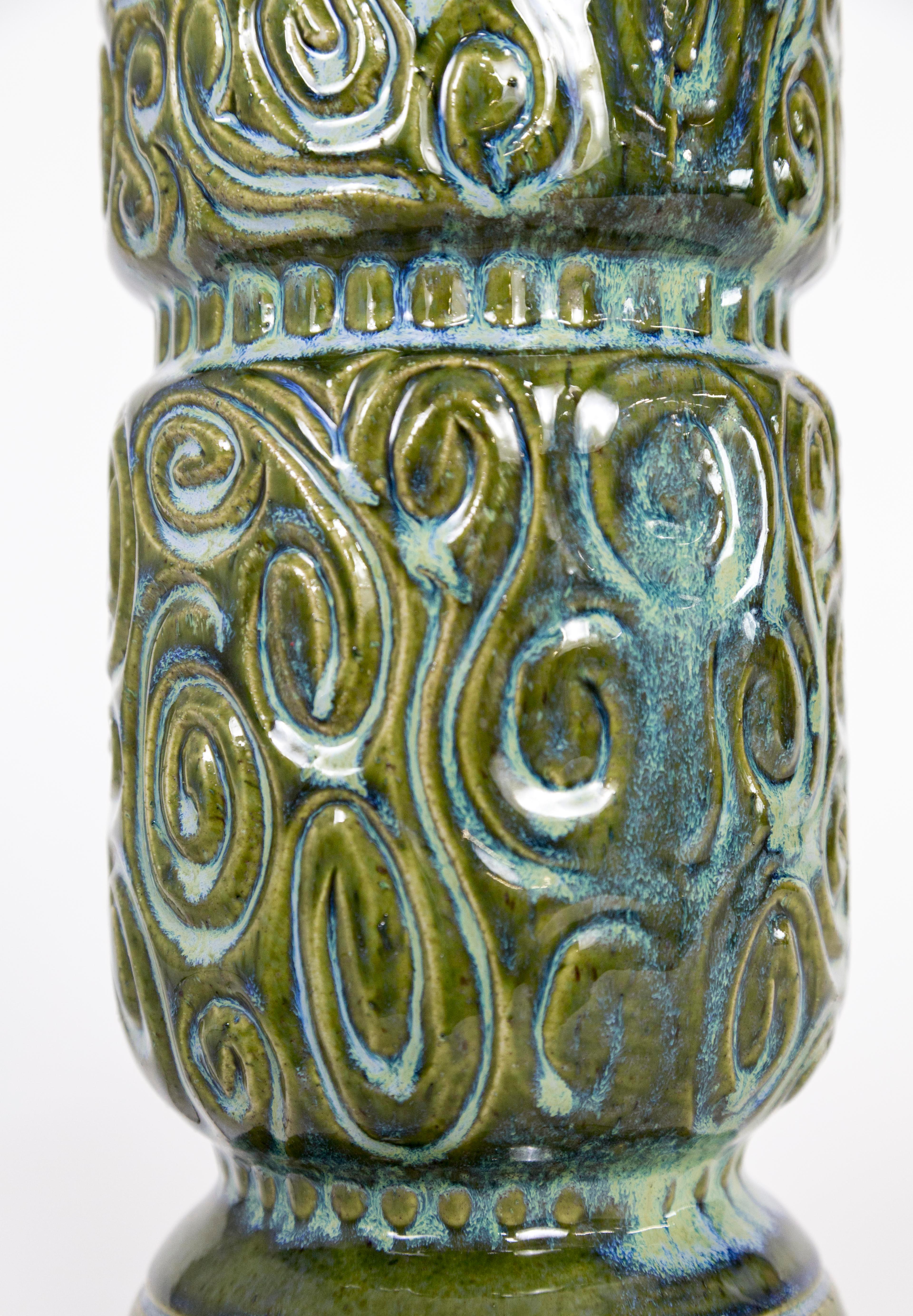 Green Ceramic Swirl Texture Lamp w/ Walnut Neck & Brass Base 2