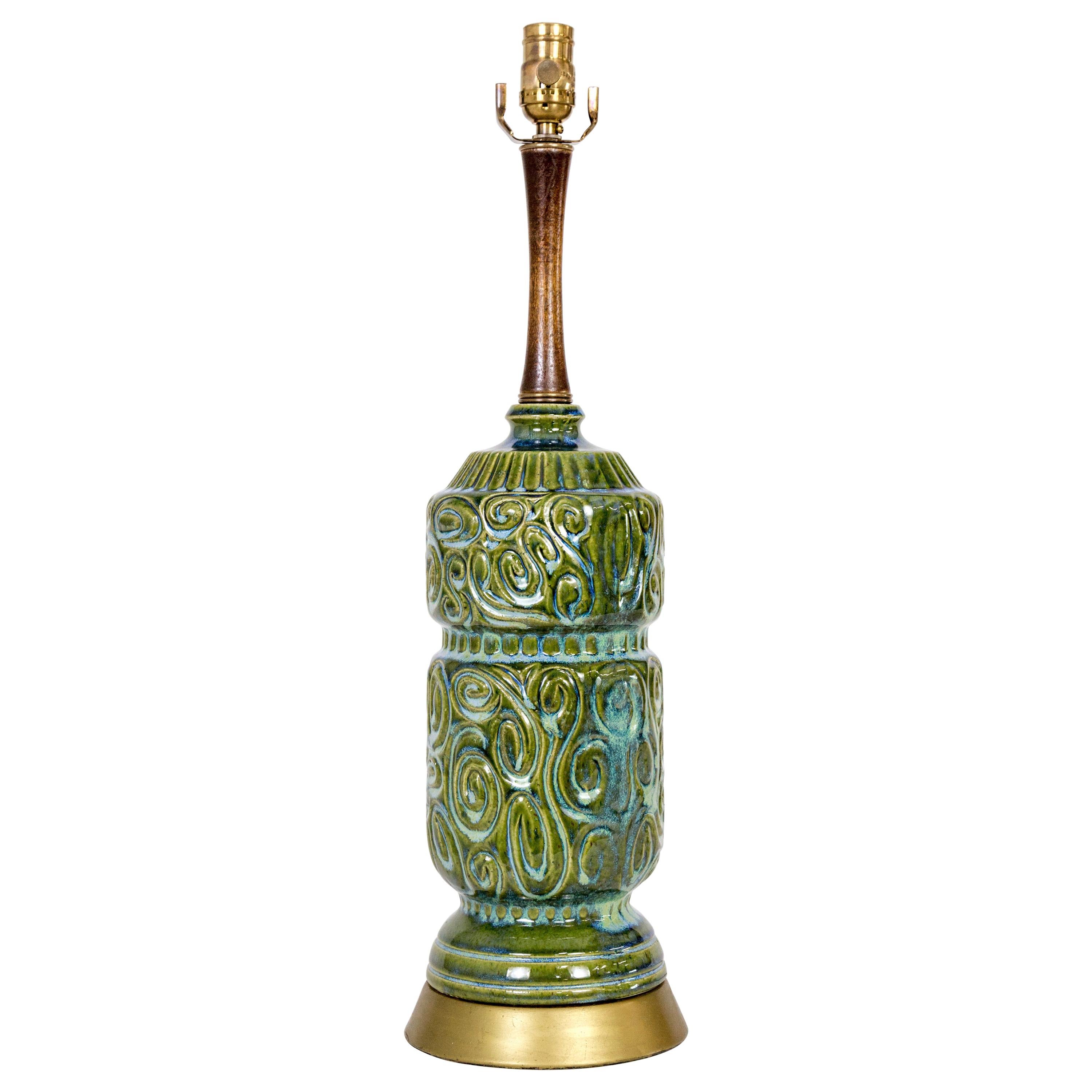 Green Ceramic Swirl Texture Lamp w/ Walnut Neck & Brass Base