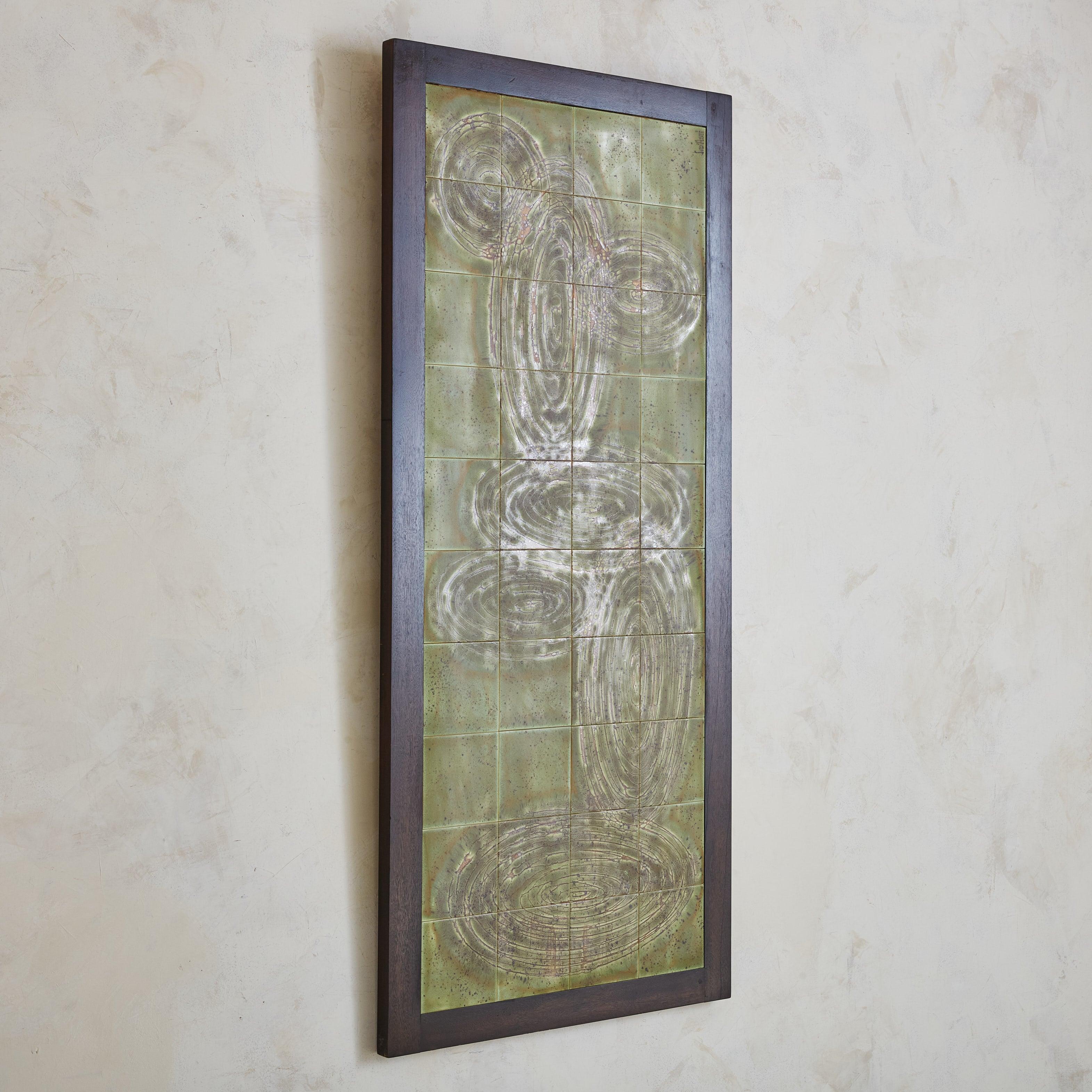 Mid-Century Modern Green Ceramic Tile Wall Sculpture with Wood Frame by Jean D'asti, France