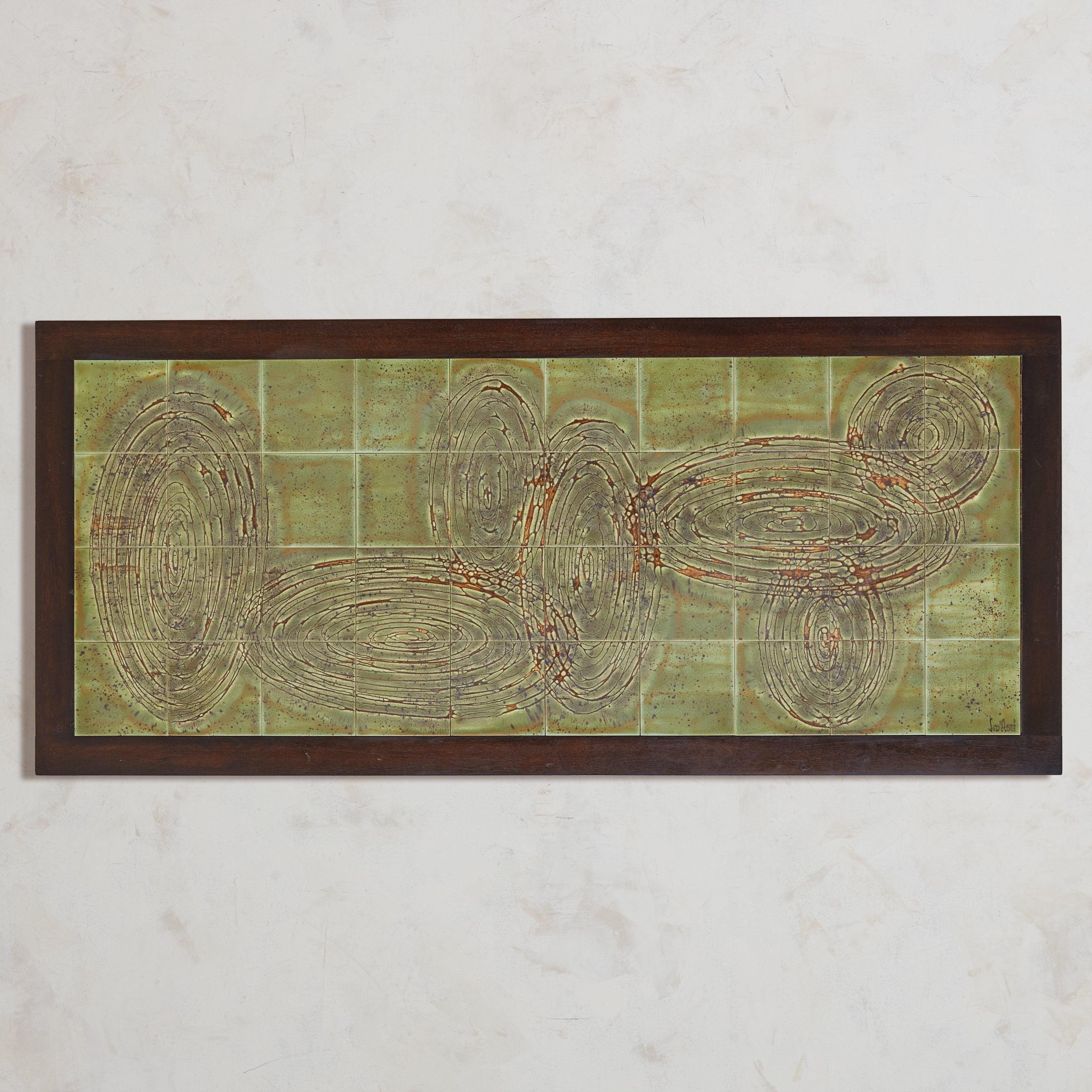 French Green Ceramic Tile Wall Sculpture with Wood Frame by Jean D'asti, France
