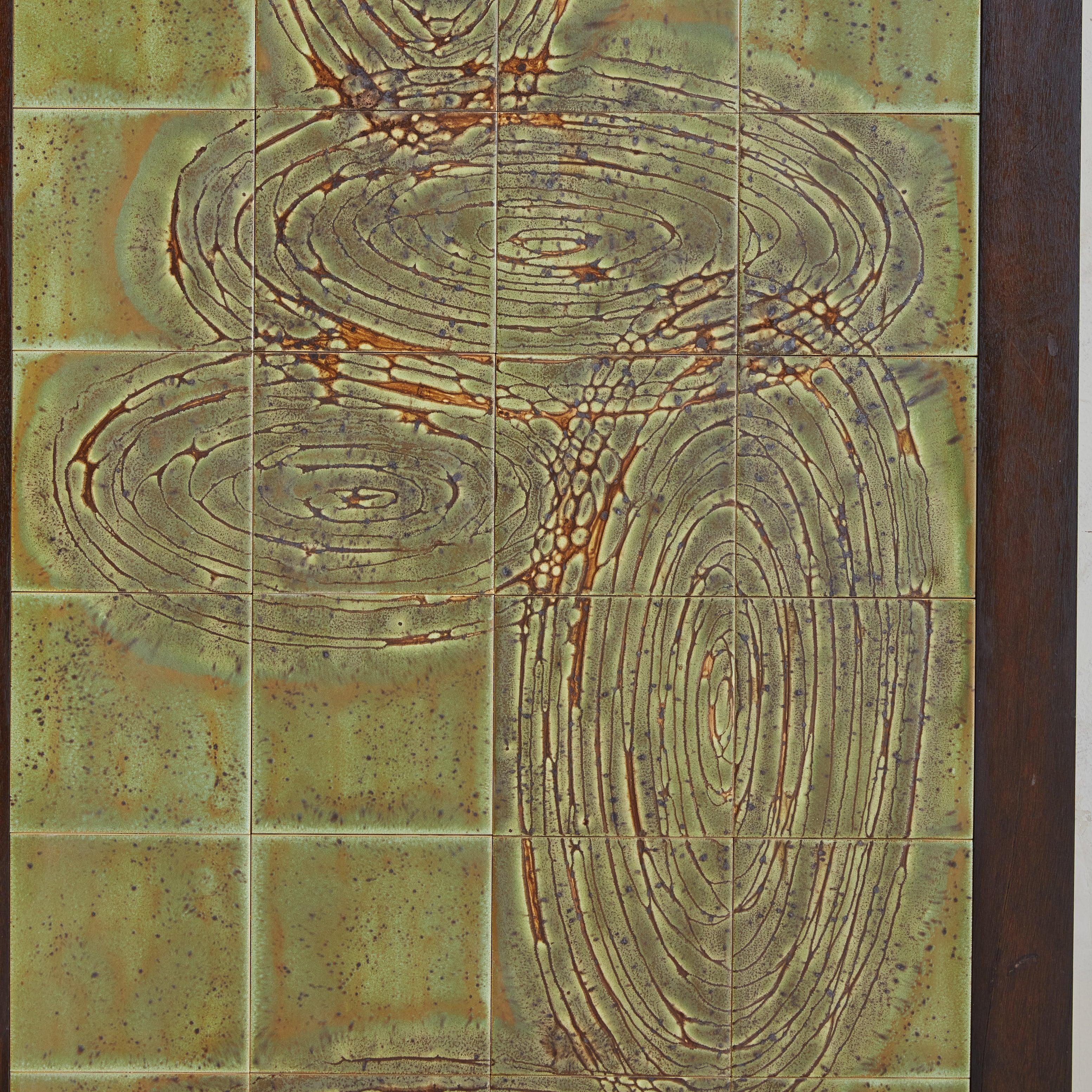 Mid-20th Century Green Ceramic Tile Wall Sculpture with Wood Frame by Jean D'asti, France