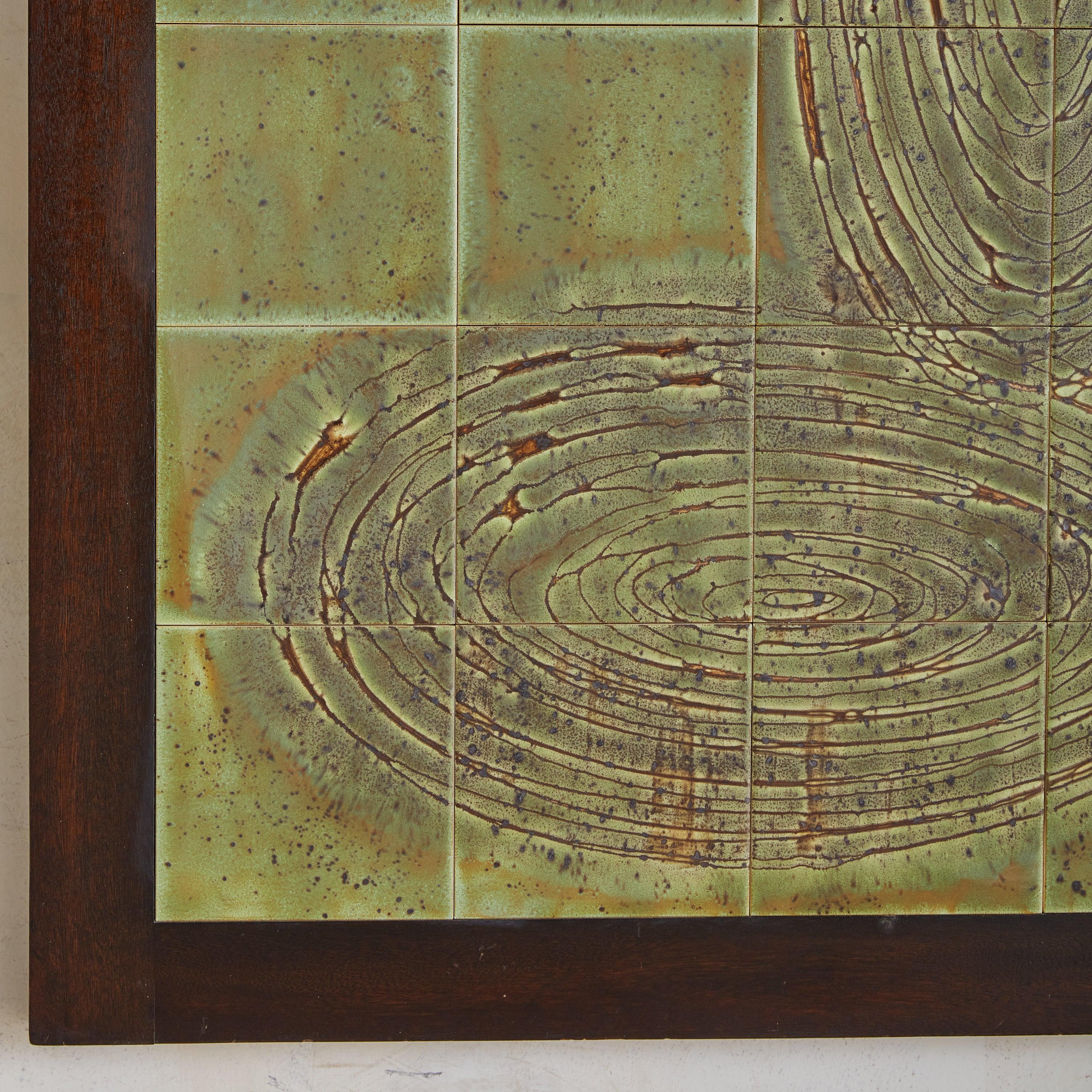 Green Ceramic Tile Wall Sculpture with Wood Frame by Jean D'asti, France 1