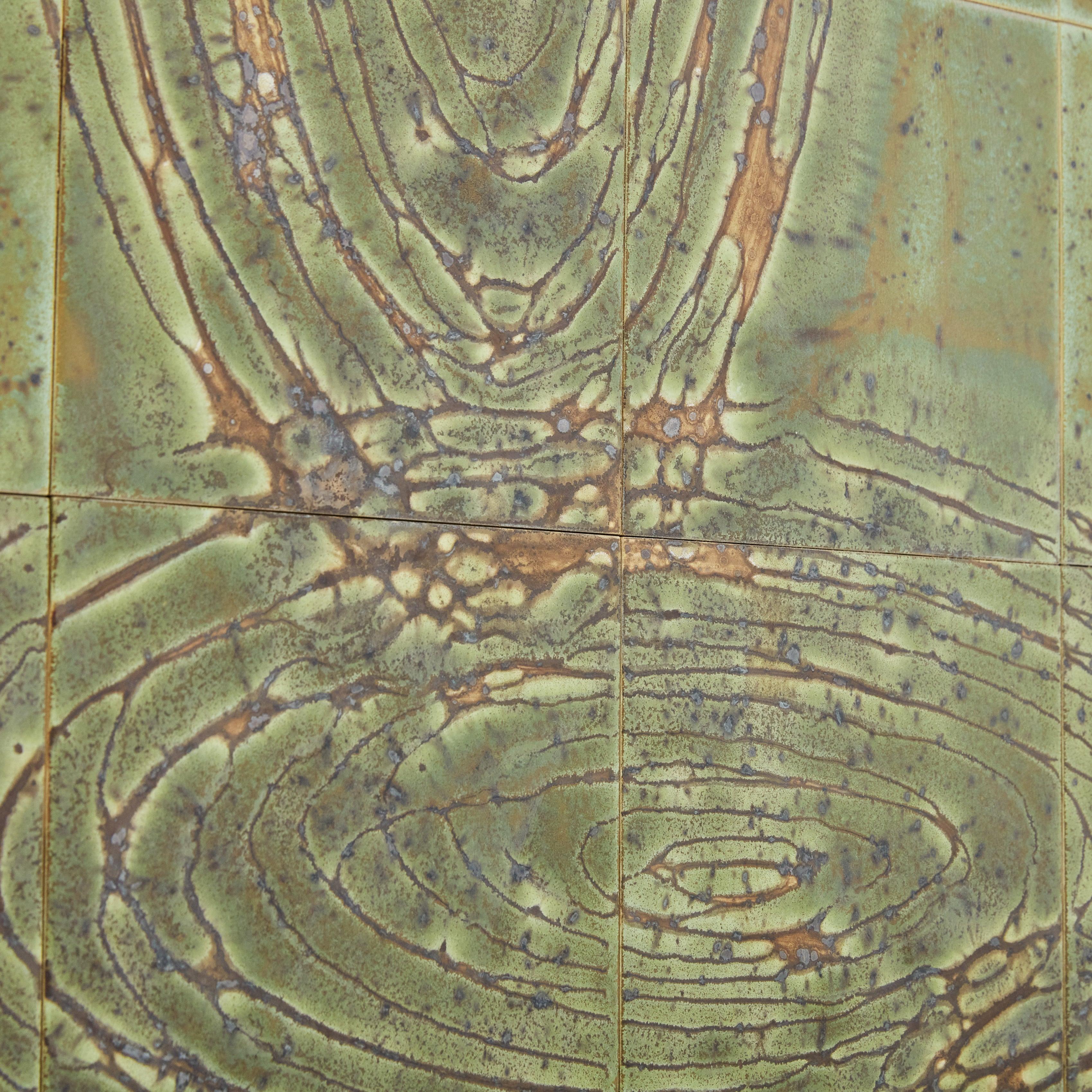 Green Ceramic Tile Wall Sculpture with Wood Frame by Jean D'asti, France 2