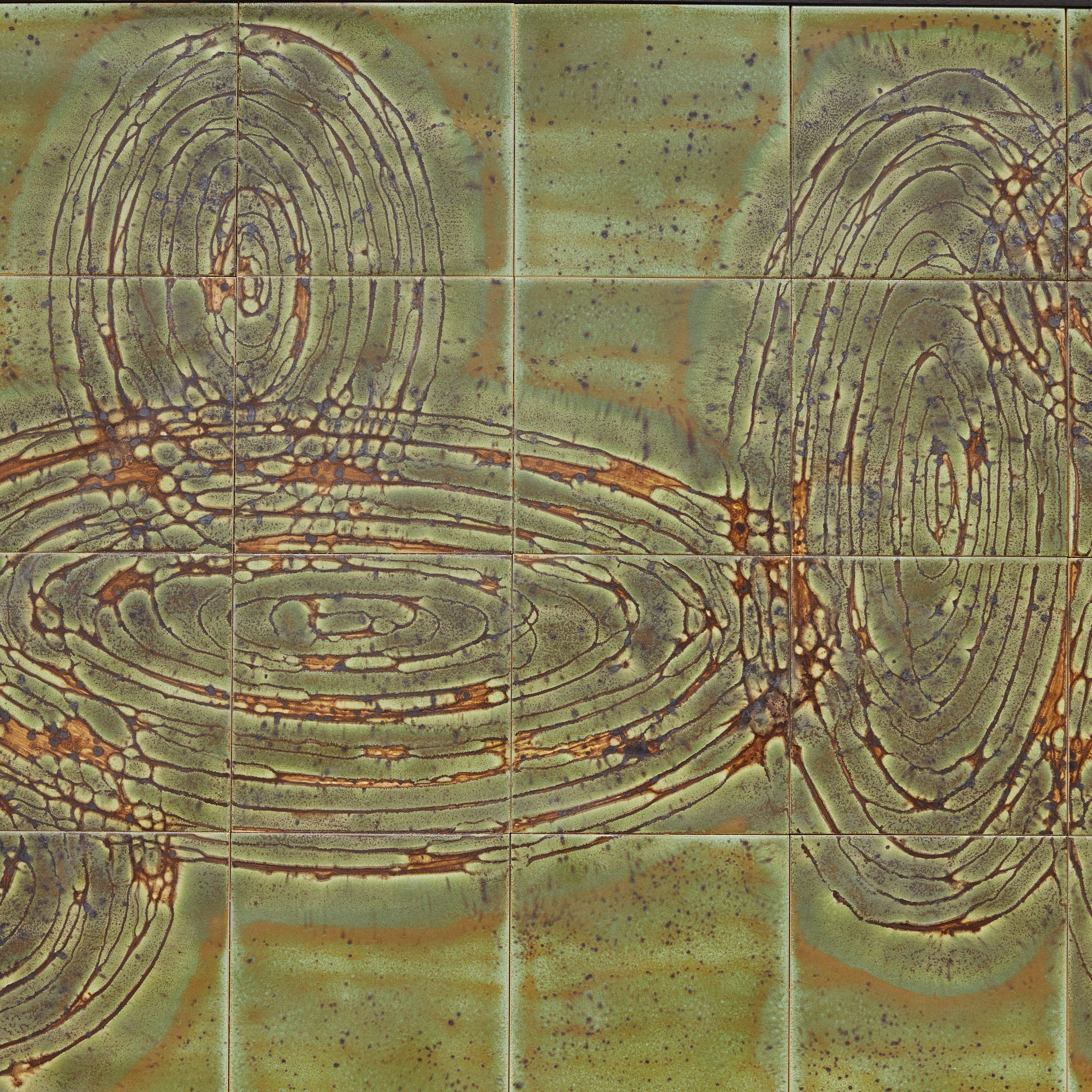 Green Ceramic Tile Wall Sculpture with Wood Frame by Jean D'asti, France 3