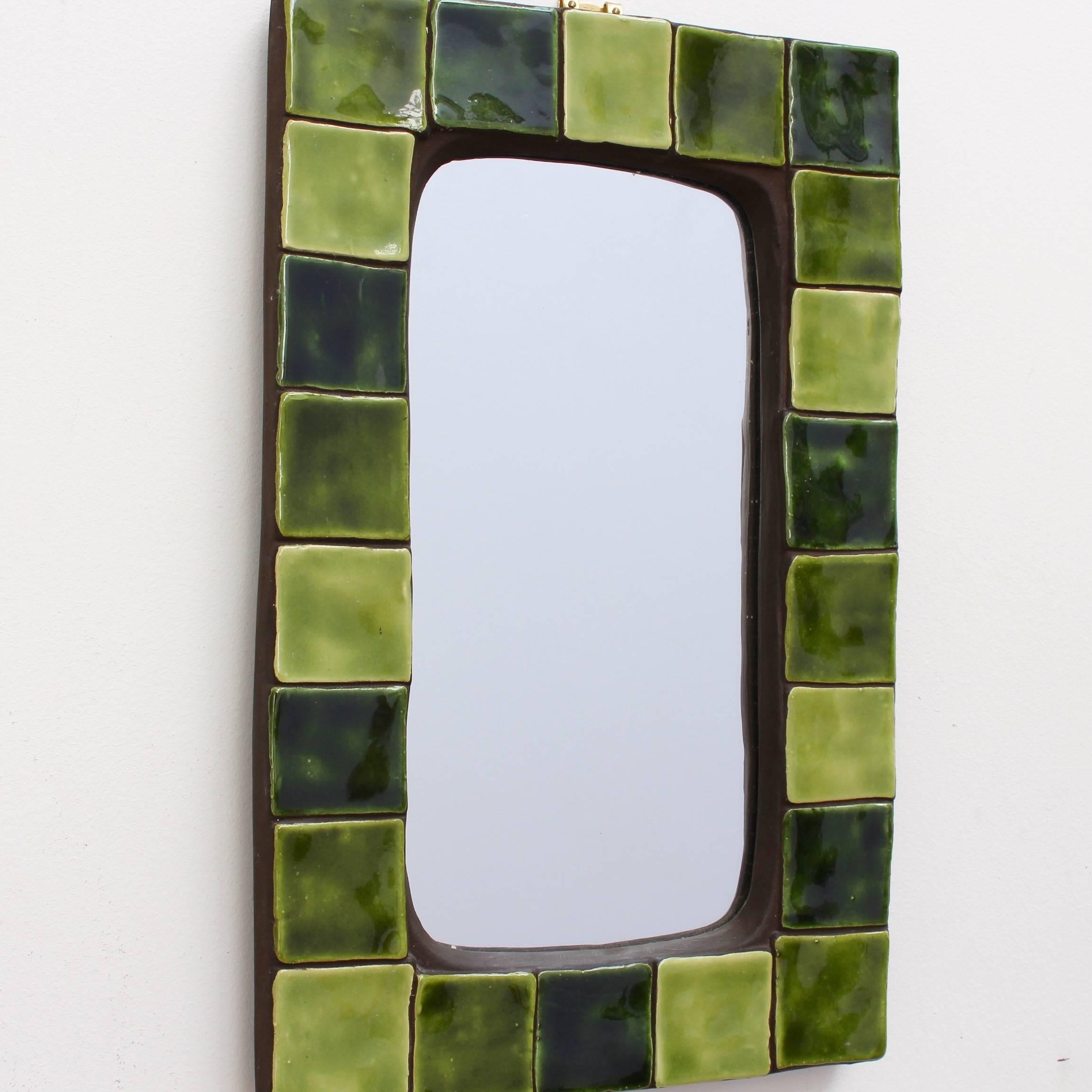 Mid-Century Modern Green Ceramic Tiled French Wall Mirror, circa 1970s