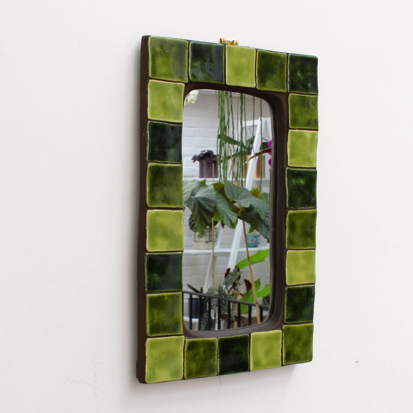Glazed Green Ceramic Tiled French Wall Mirror, circa 1970s