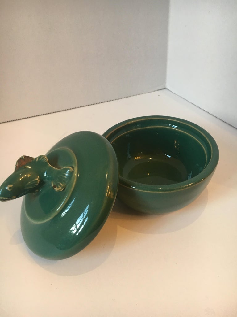 Green Ceramic Trinket Box with Fish Motif Lid For Sale at 1stDibs