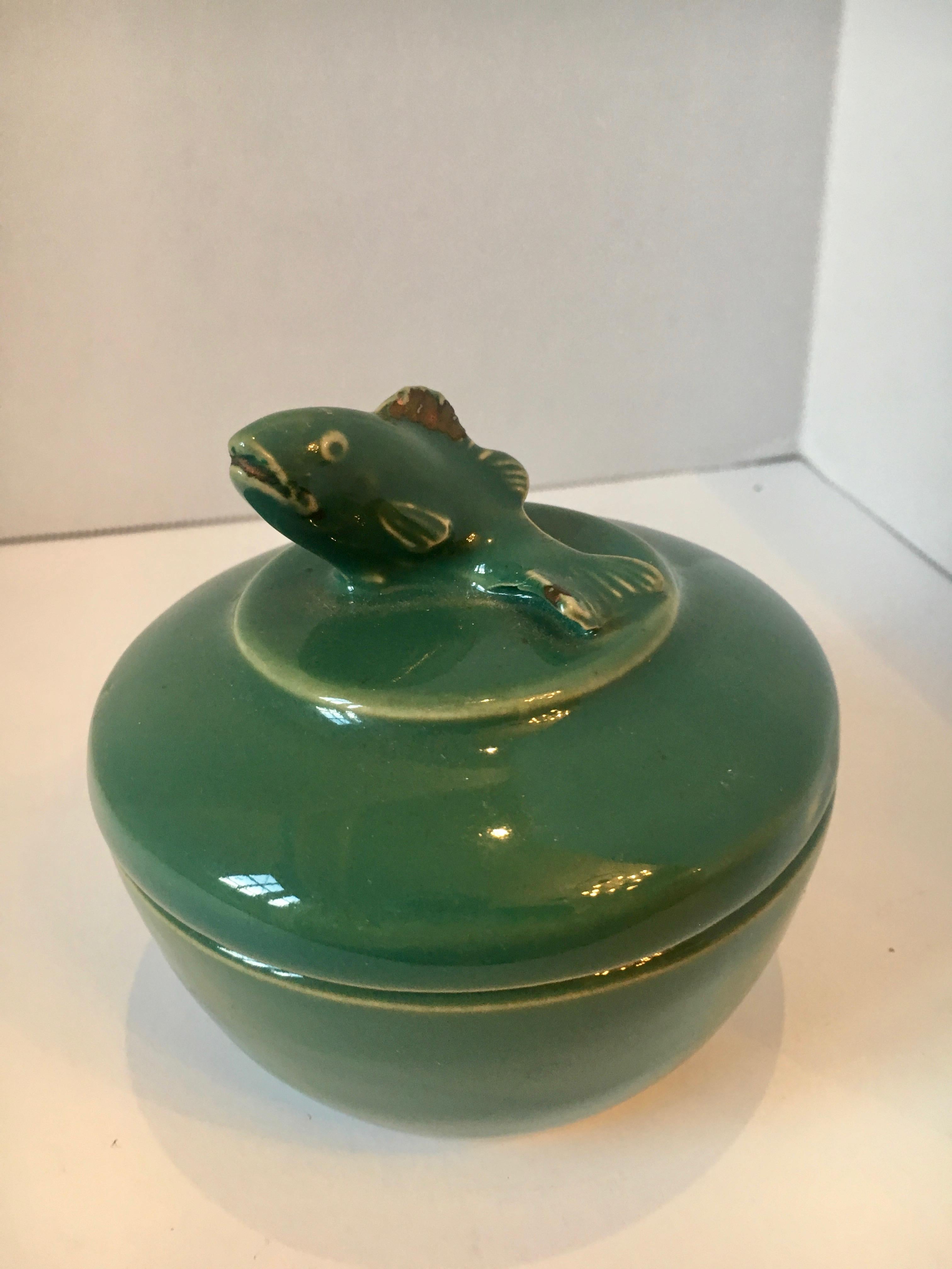 Mid-Century Modern Green Ceramic Trinket Box with Fish Motif Lid