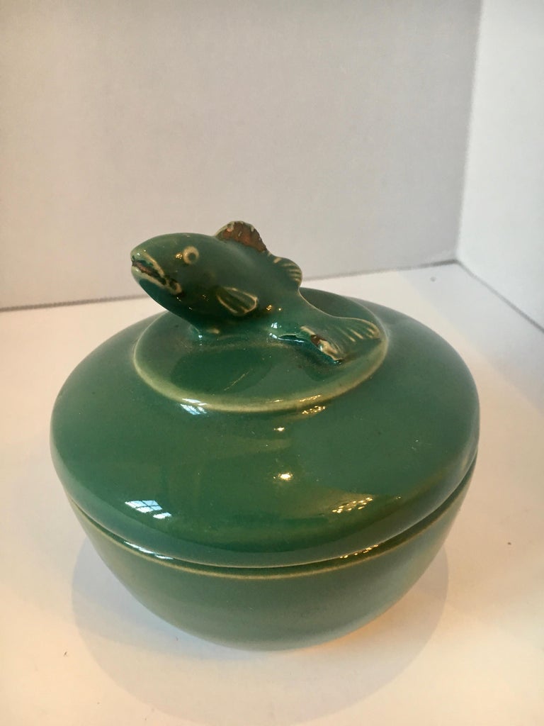 Green Ceramic Trinket Box with Fish Motif Lid For Sale at 1stDibs