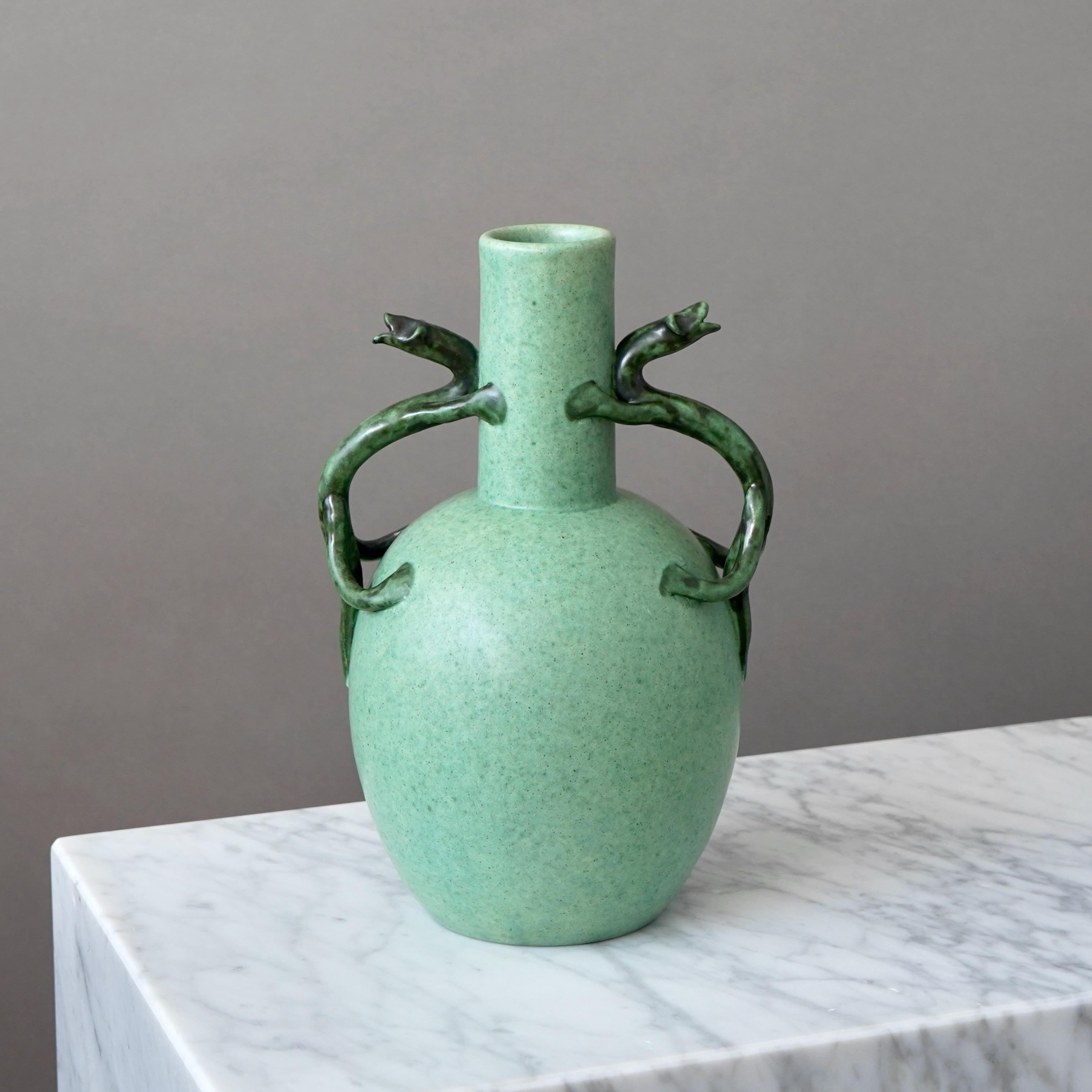 Scandinavian Modern Green Ceramic Vase by Eva Jancke Bjork for Bo Fajans, Sweden, 1940s For Sale