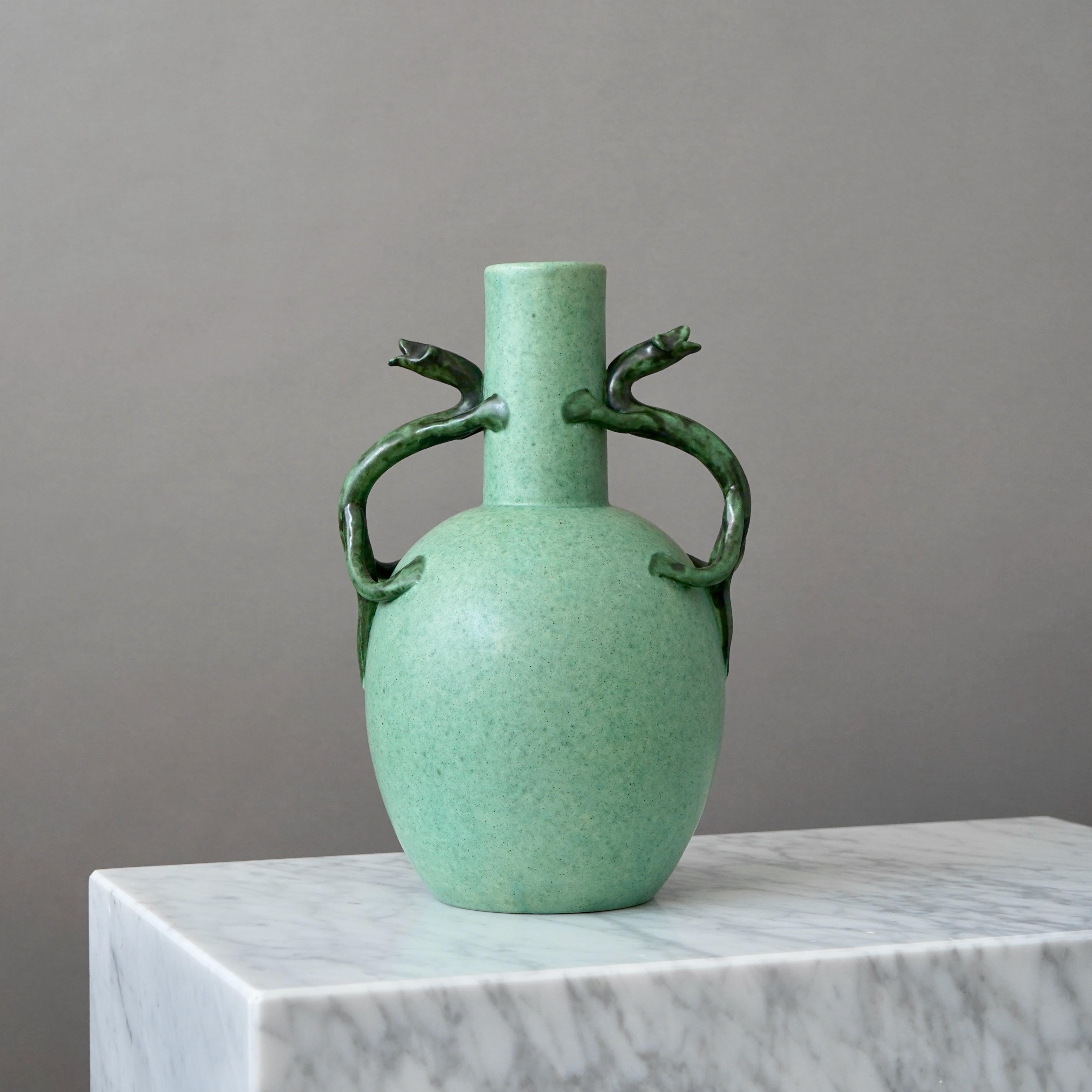 Swedish Green Ceramic Vase by Eva Jancke Bjork for Bo Fajans, Sweden, 1940s For Sale