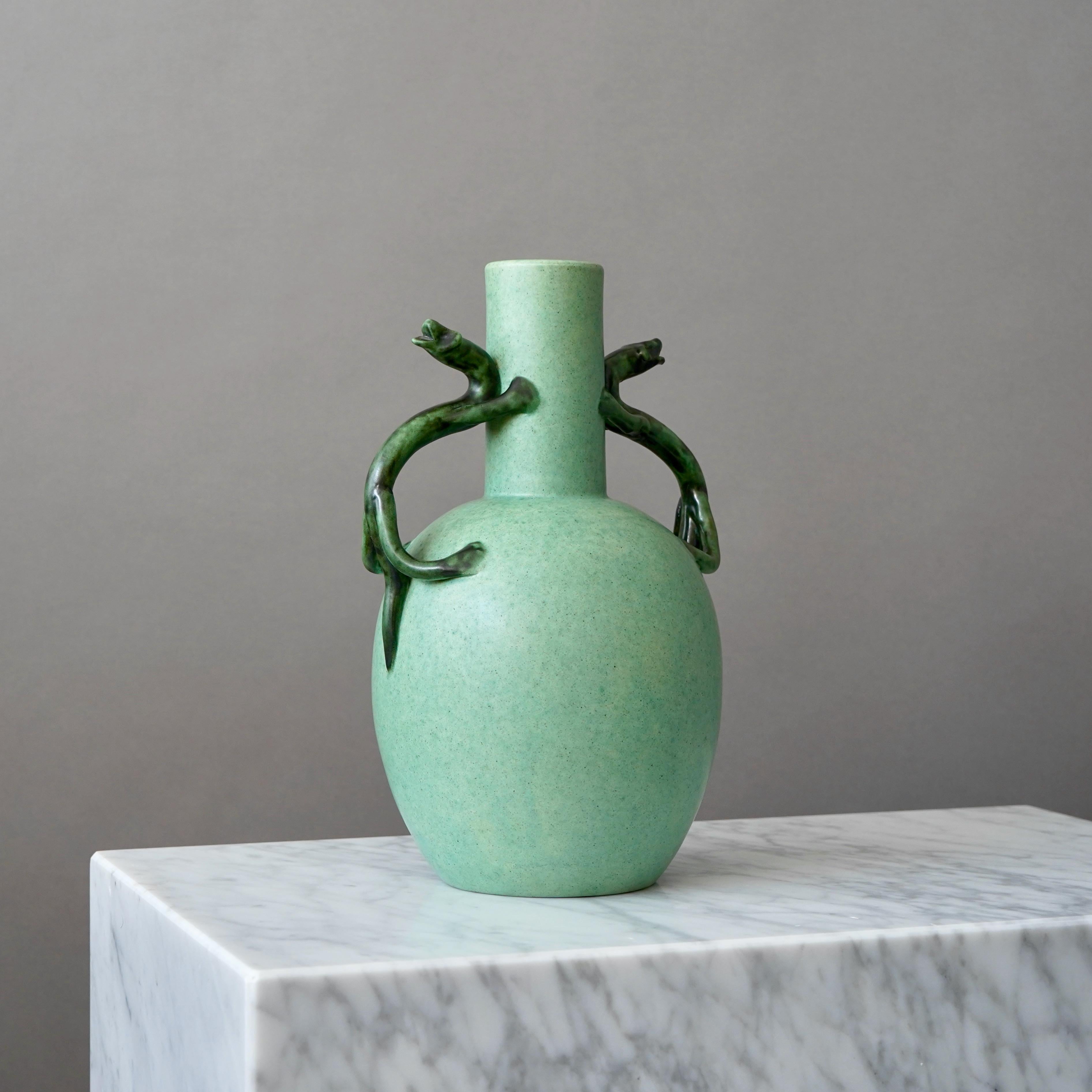 Glazed Green Ceramic Vase by Eva Jancke Bjork for Bo Fajans, Sweden, 1940s For Sale