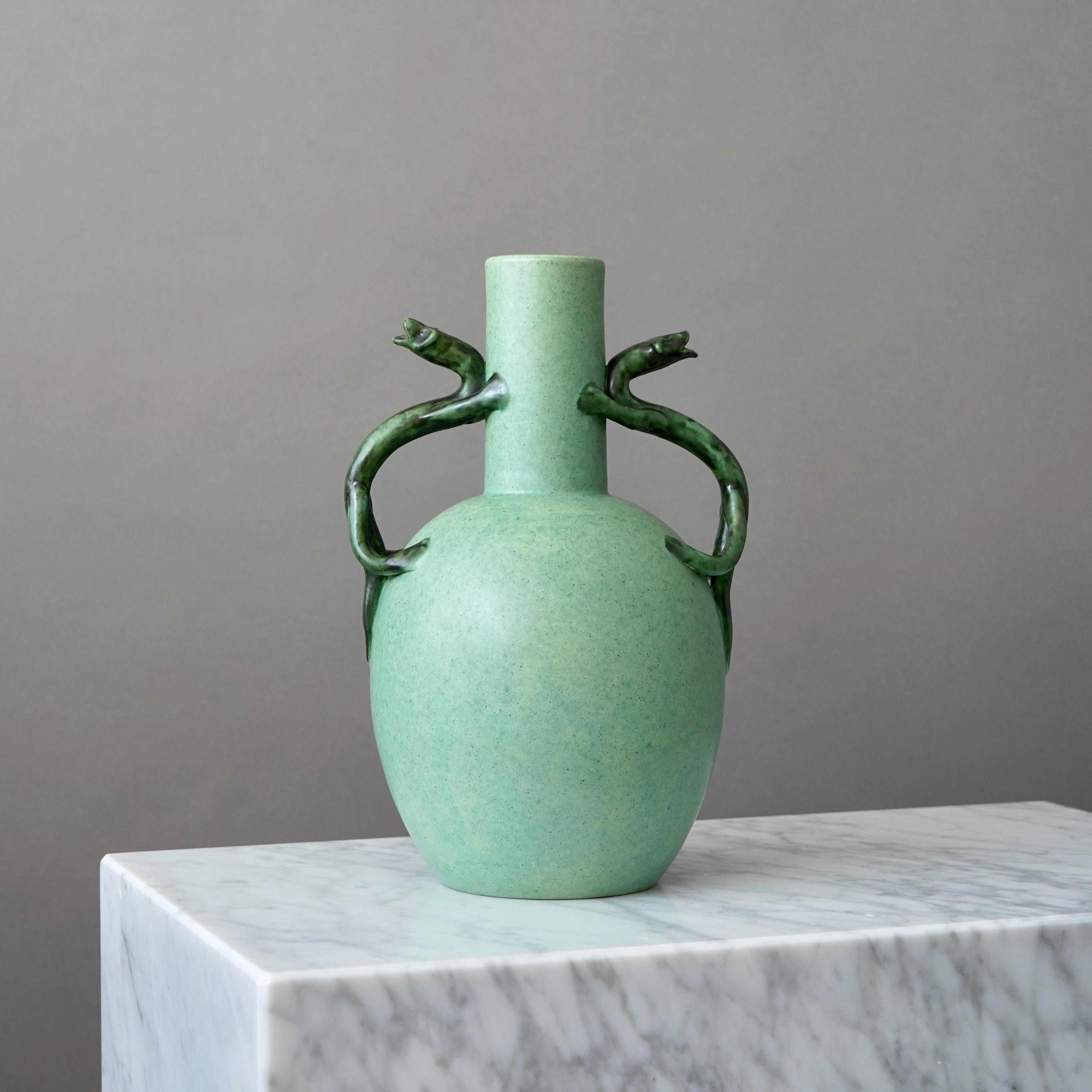 Green Ceramic Vase by Eva Jancke Bjork for Bo Fajans, Sweden, 1940s In Good Condition For Sale In Malmö, SE