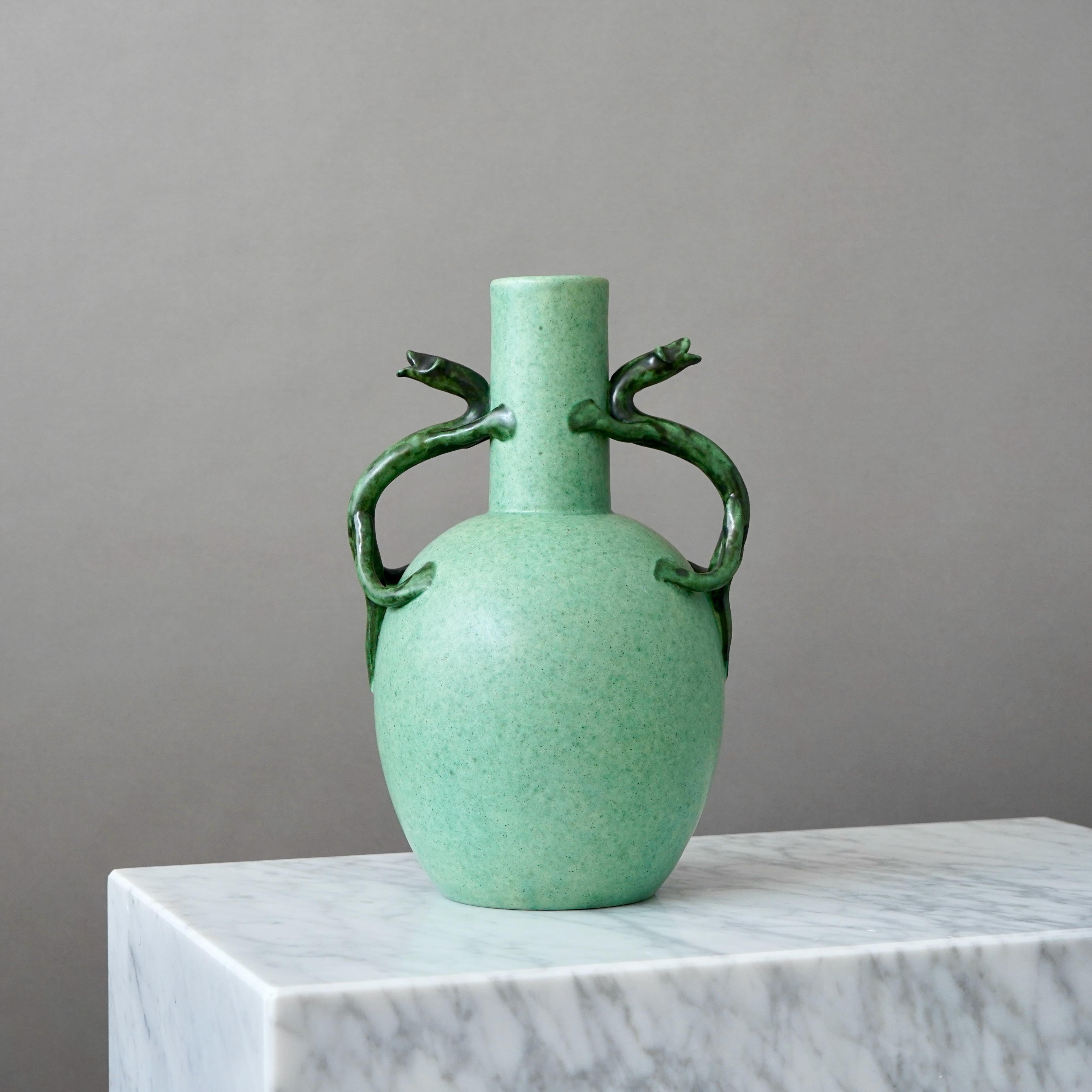Green Ceramic Vase by Eva Jancke Bjork for Bo Fajans, Sweden, 1940s For Sale 2