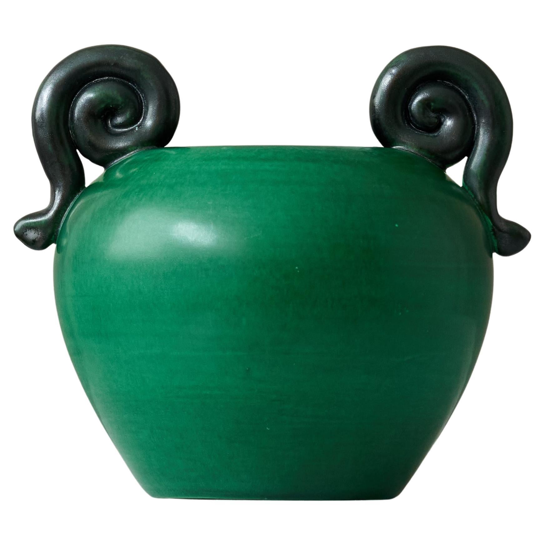Green Ceramic Vase by Eva Jancke Bjork for Bo Fajans, Sweden, 1940s.