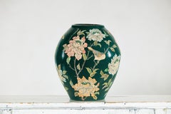 Green Ceramic Vase with Birds, Butterflies, and Floral Decoration