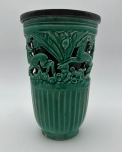 Green Ceramic Vase with Deer Motif Signed Sainte Radegonde, France, circa 1970